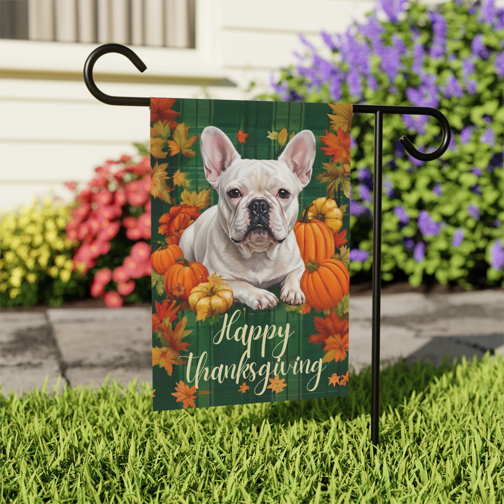 Happy Thanksgiving White French Bulldog Garden Flag