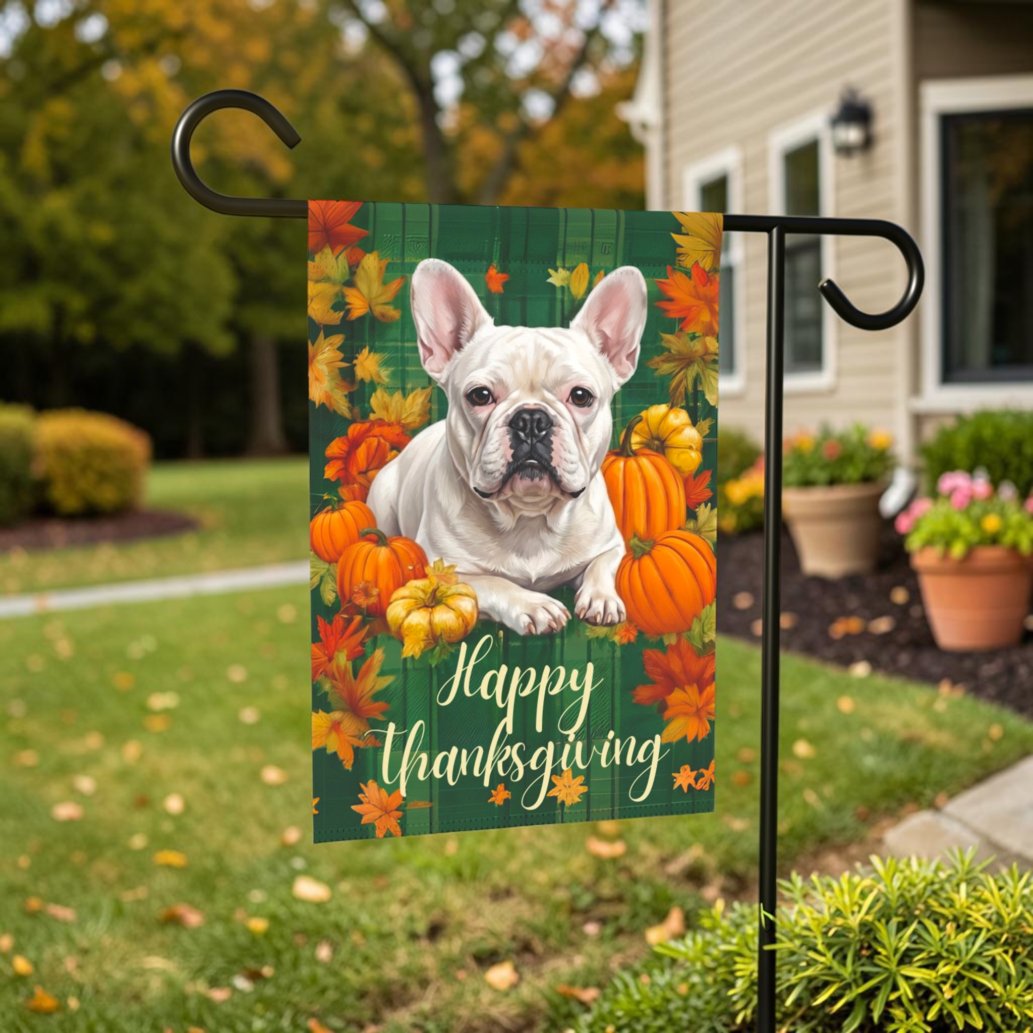 Happy Thanksgiving White French Bulldog Garden Flag