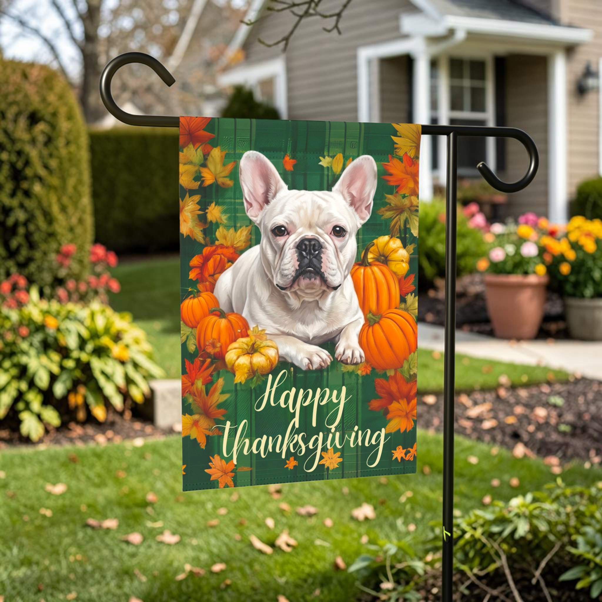 Happy Thanksgiving White French Bulldog Garden Flag