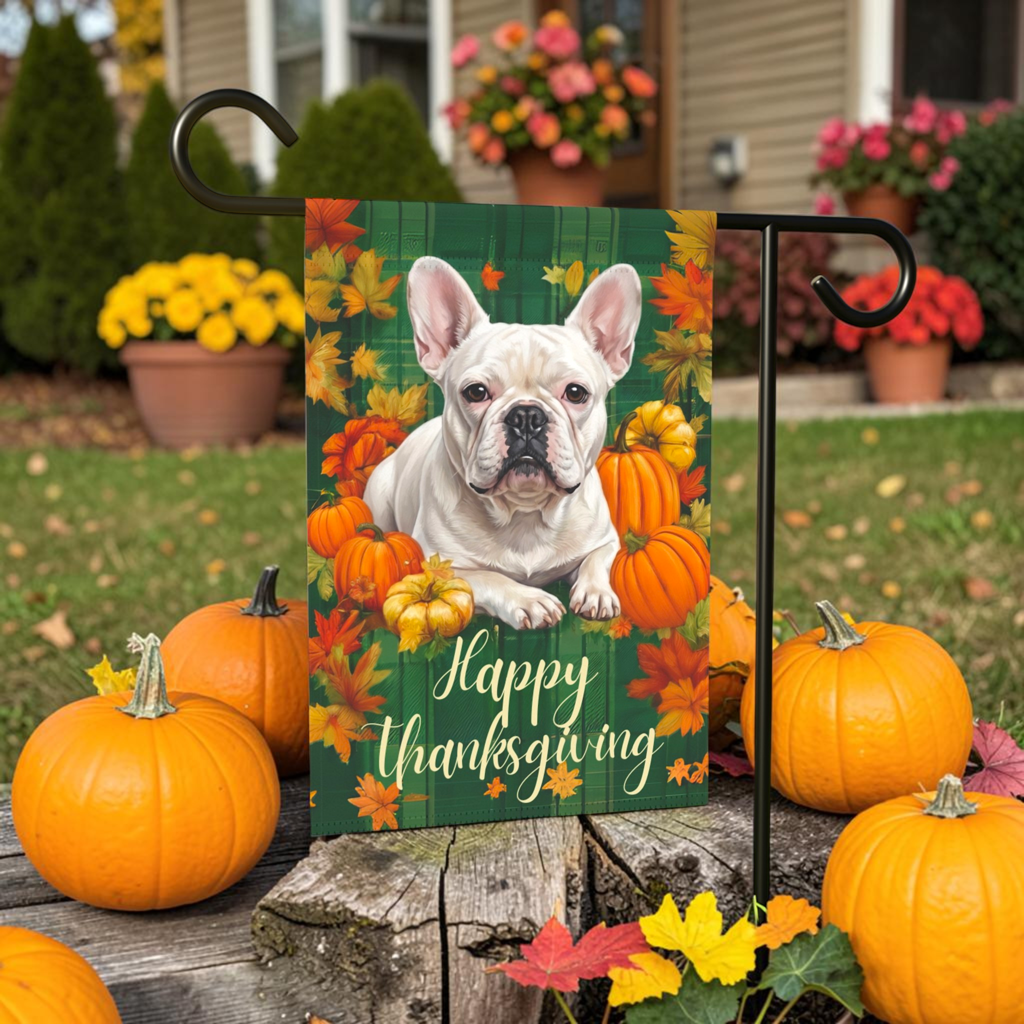 Happy Thanksgiving White French Bulldog Garden Flag