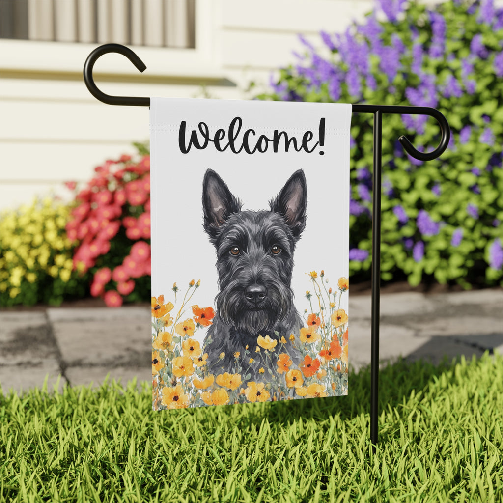 Yellow Poppies Scottish Terrier Welcome Garden Flag - close-up detail - Dragonfire Gardens