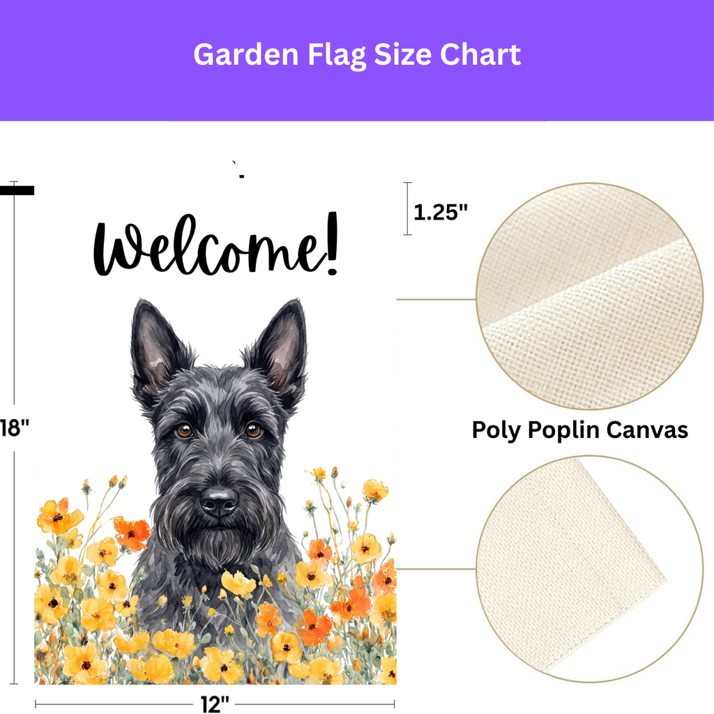 Yellow Poppies Scottish Terrier Welcome Garden Flag - size comparison - Dragonfire Gardens