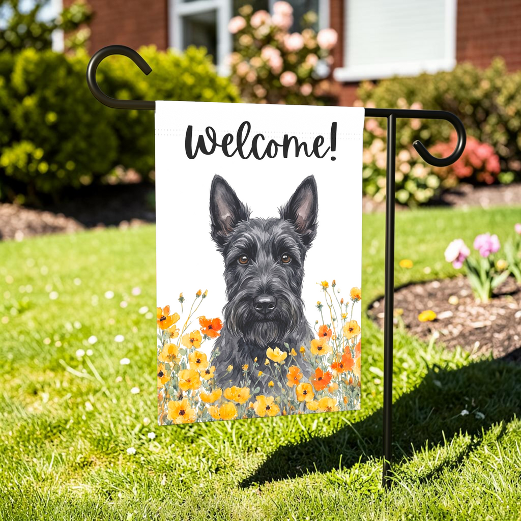 Yellow Poppies Scottish Terrier Welcome Garden Flag - lifestyle display - Dragonfire Gardens