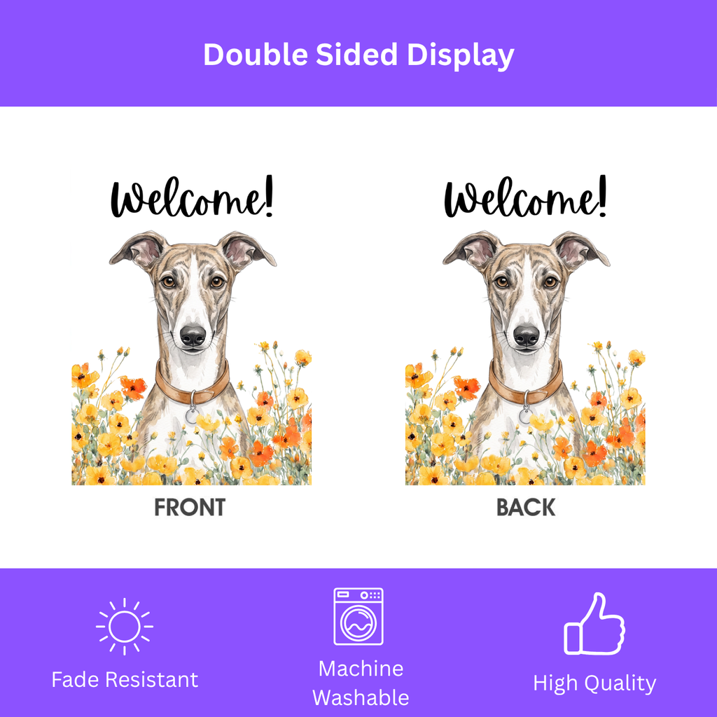 Yellow Poppies Greyhound Welcome Garden Flag - double-sided design - Dragonfire Gardens
