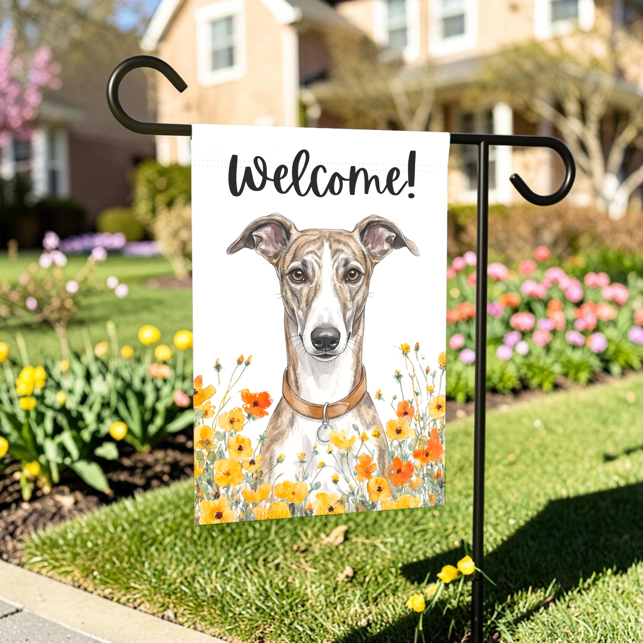Yellow Poppies Greyhound Welcome Garden Flag - size comparison - Dragonfire Gardens
