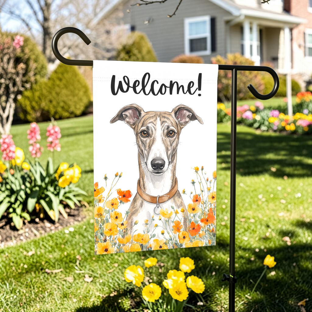 Yellow Poppies Greyhound Welcome Garden Flag - lifestyle display - Dragonfire Gardens