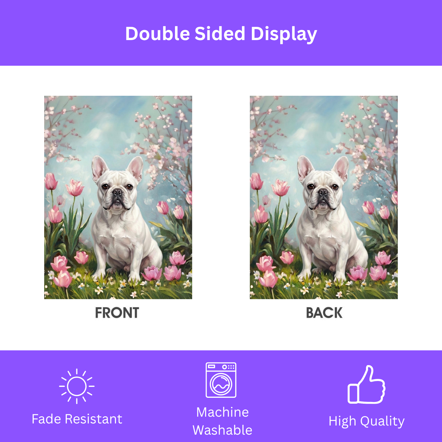 White French Bulldog in Tulips Spring Garden Flag