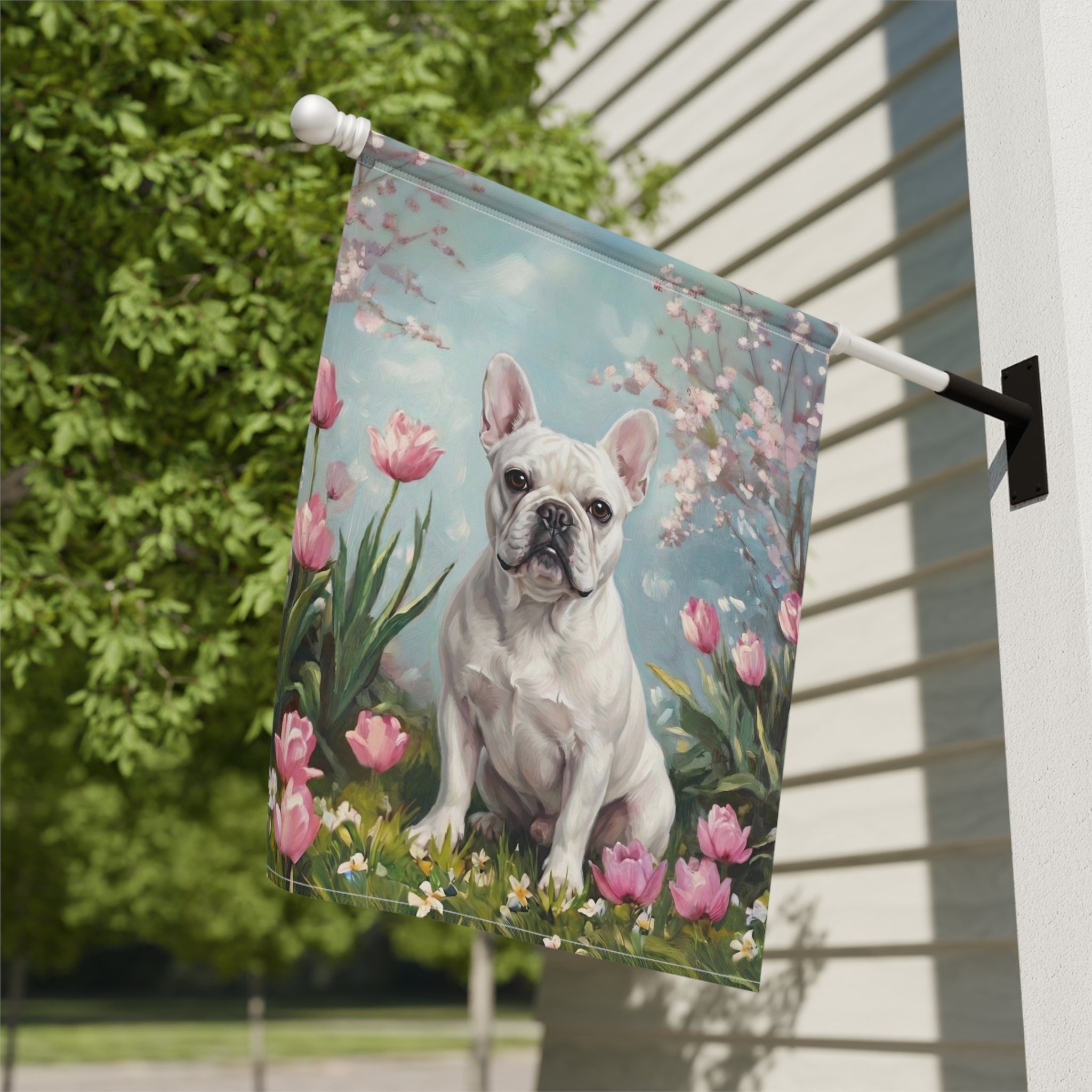 White French Bulldog in Tulips Spring Garden Flag