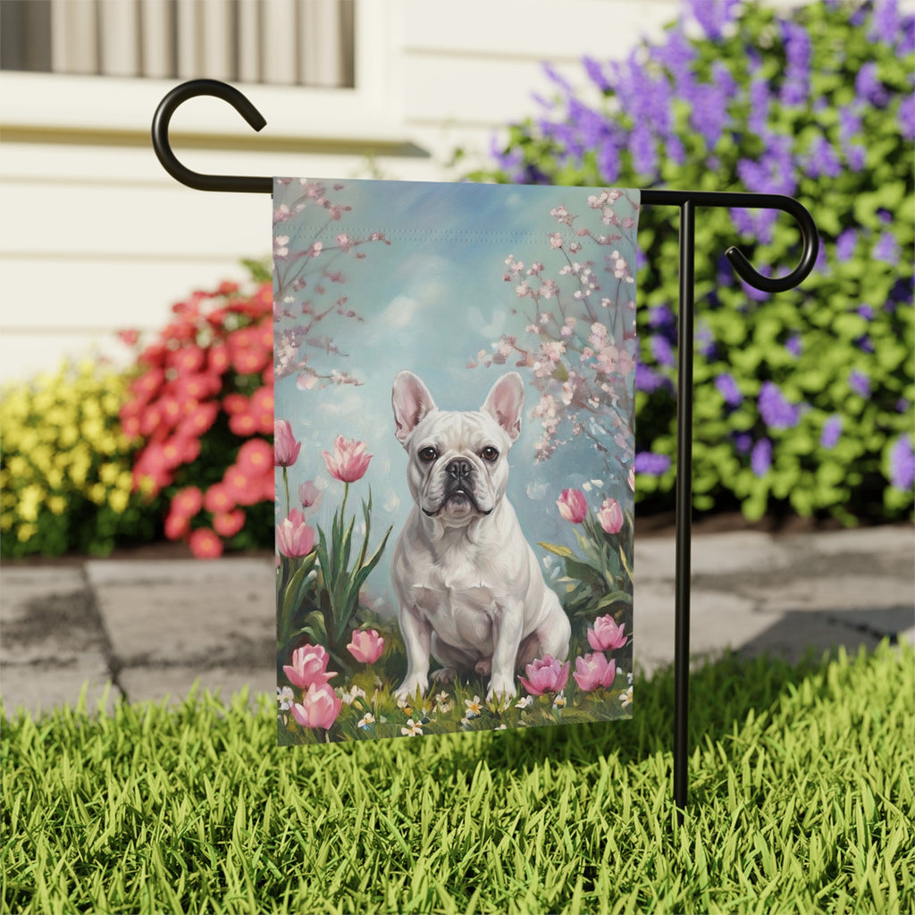 White French Bulldog in Tulips Spring Garden Flag - close-up detail - Dragonfire Gardens