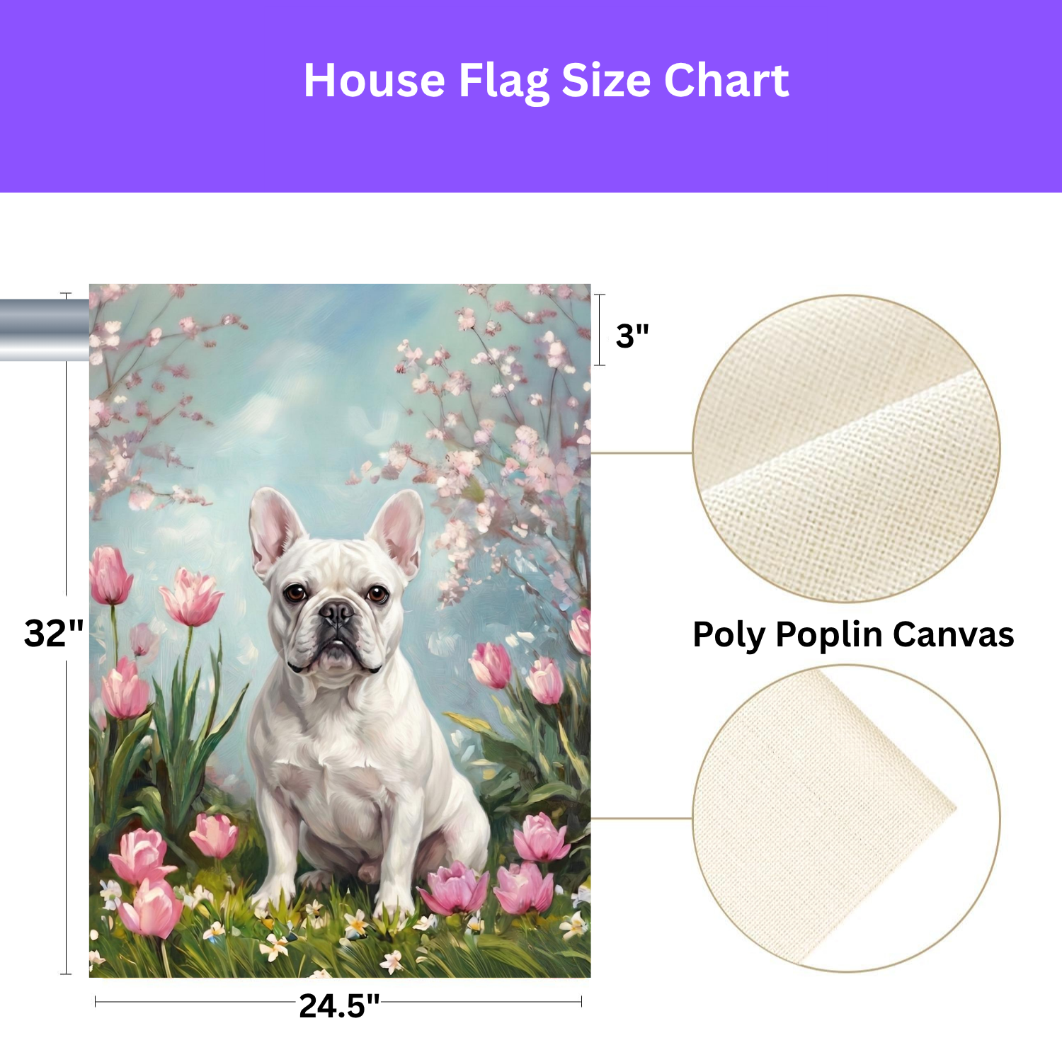 White French Bulldog in Tulips Spring Garden Flag - lifestyle display - Dragonfire Gardens