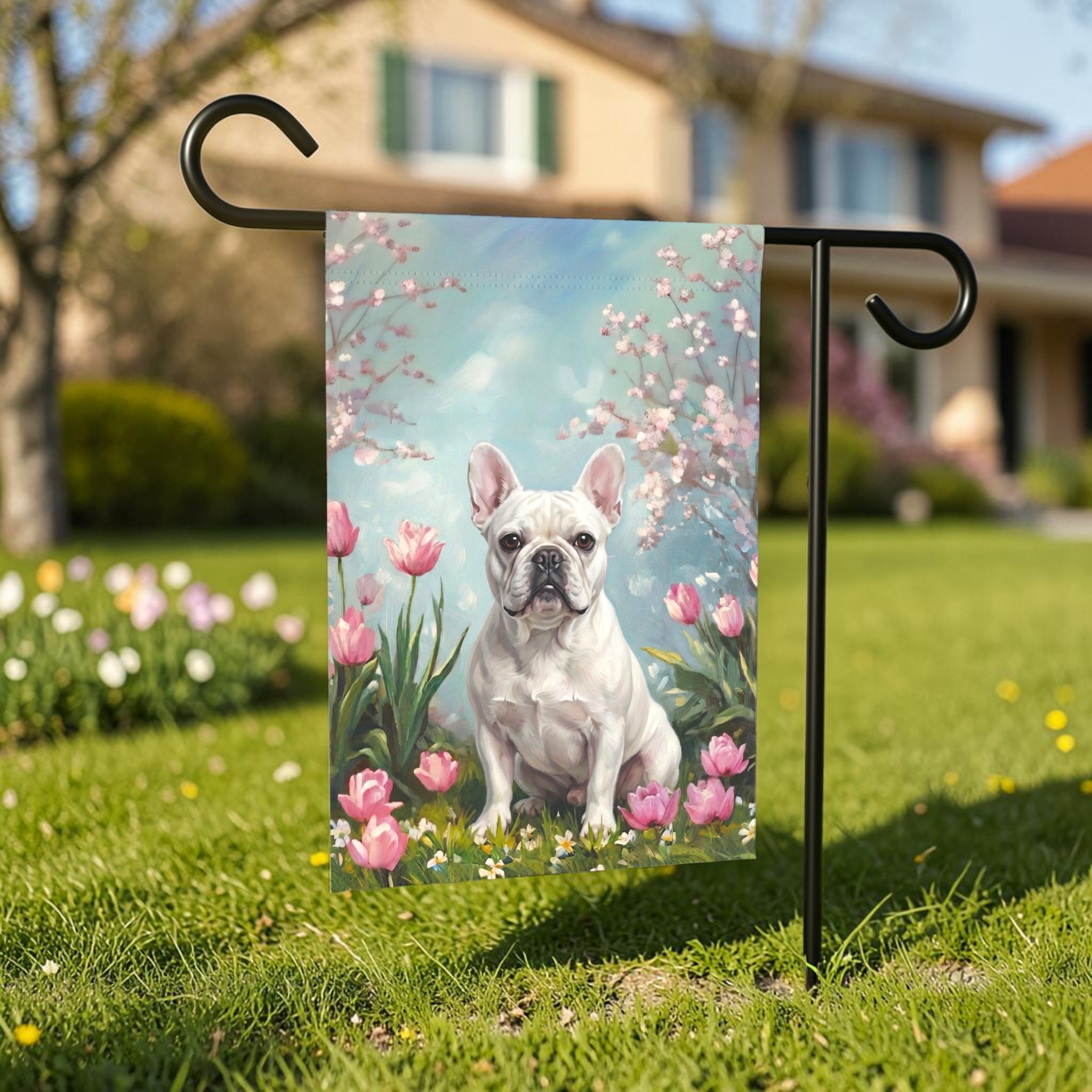White French Bulldog in Tulips Spring Garden Flag
