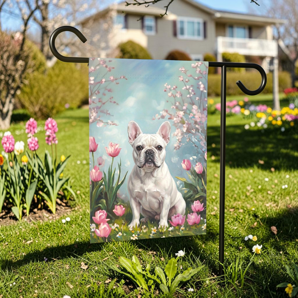 White French Bulldog in Tulips Spring Garden Flag - front view - Dragonfire Gardens