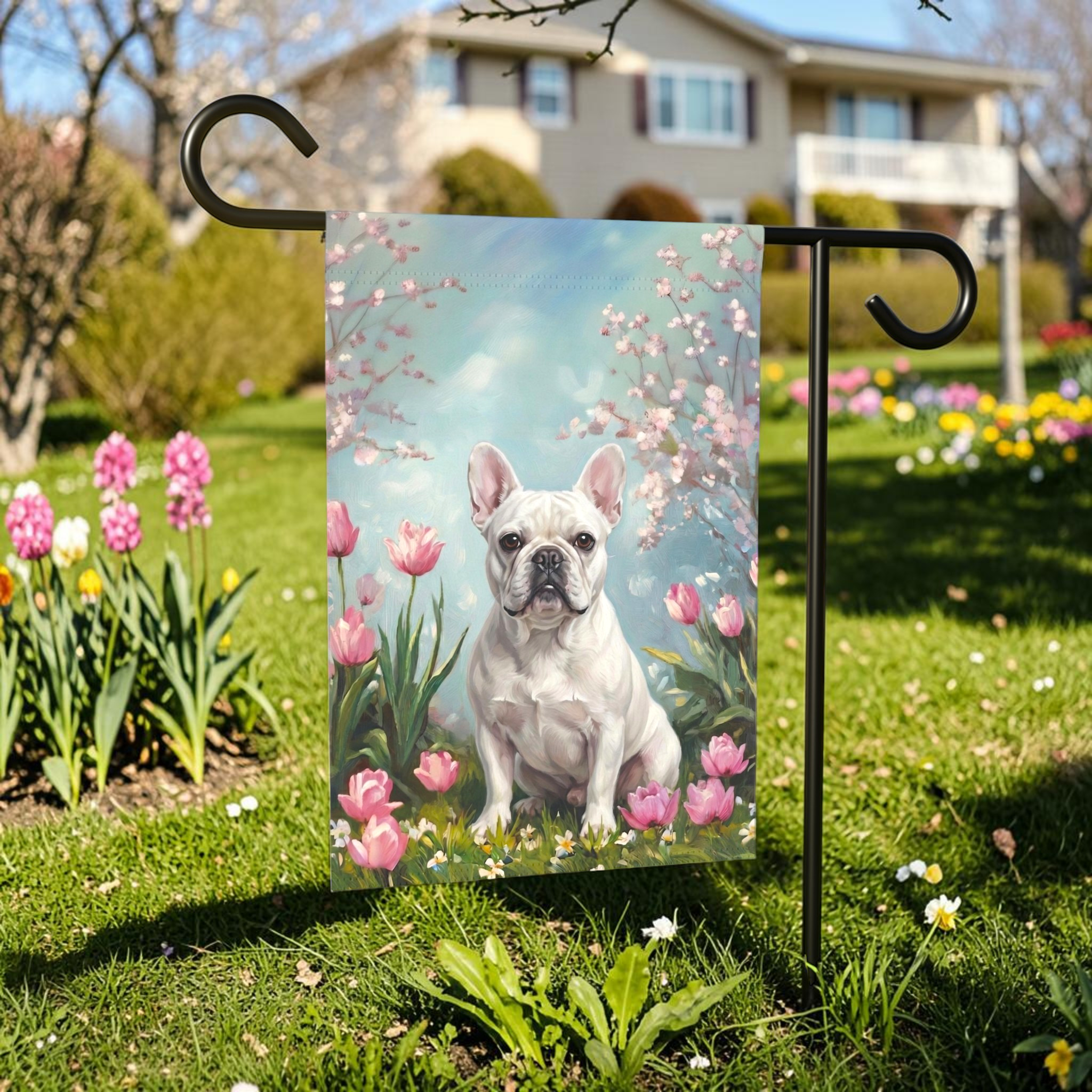 White French Bulldog in Tulips Spring Garden Flag
