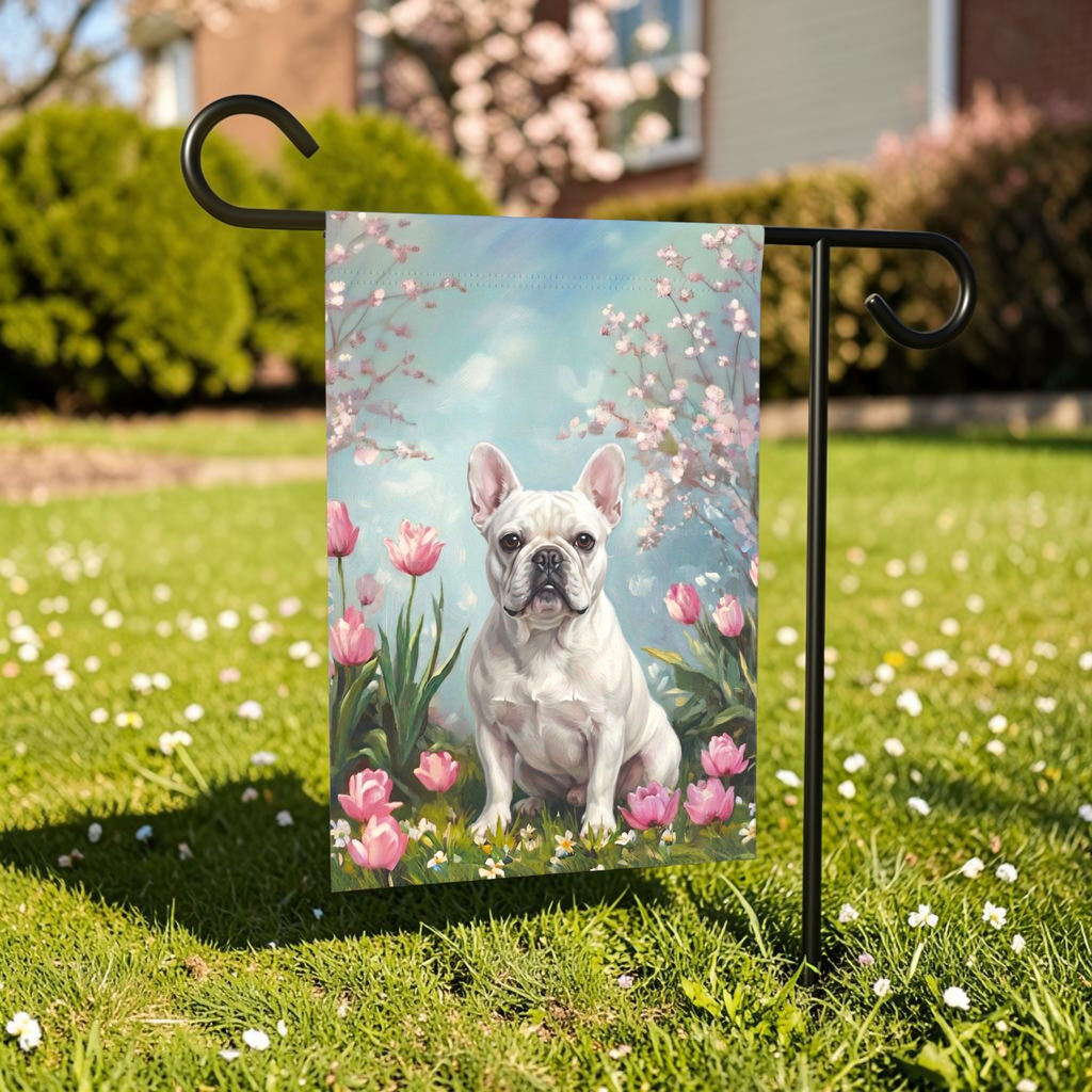 White French Bulldog in Tulips Spring Garden Flag - outdoor display - Dragonfire Gardens
