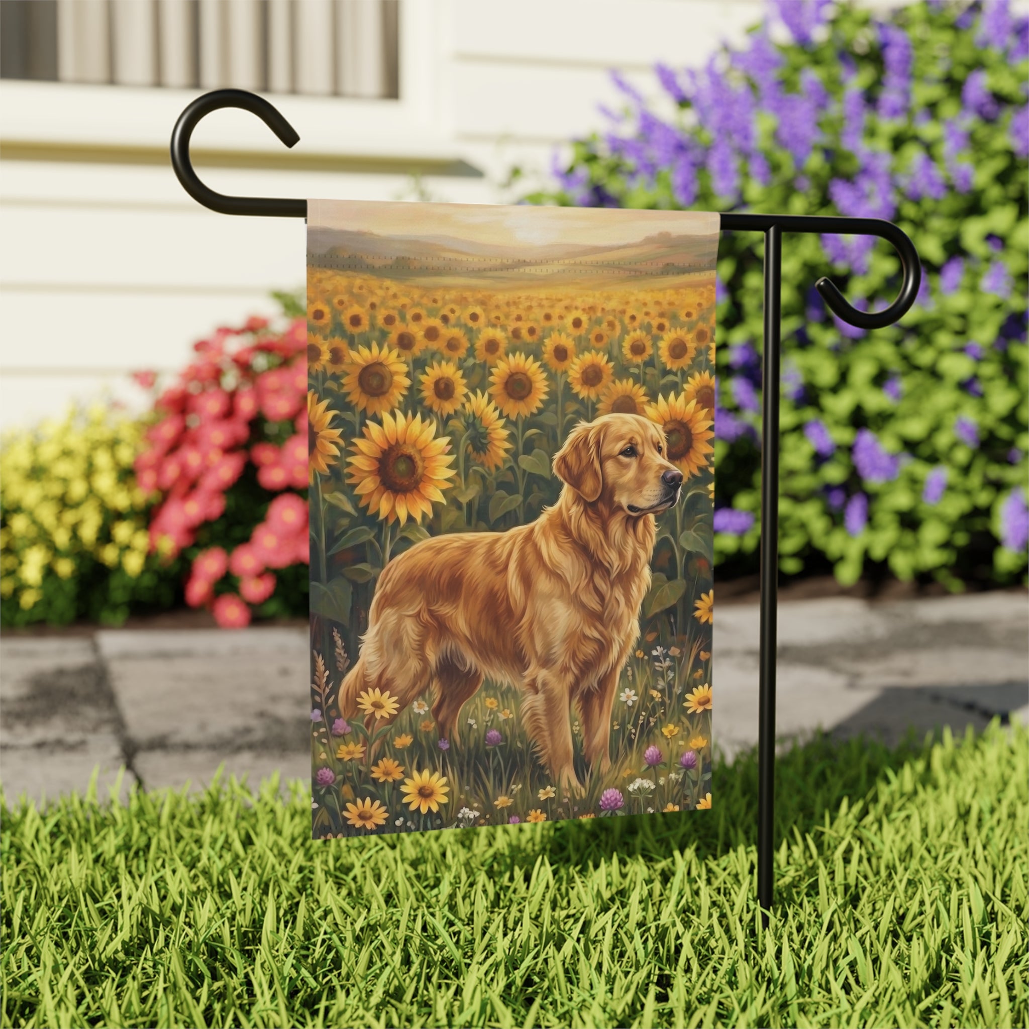 Sunflower Field Golden Retriever Garden Flag