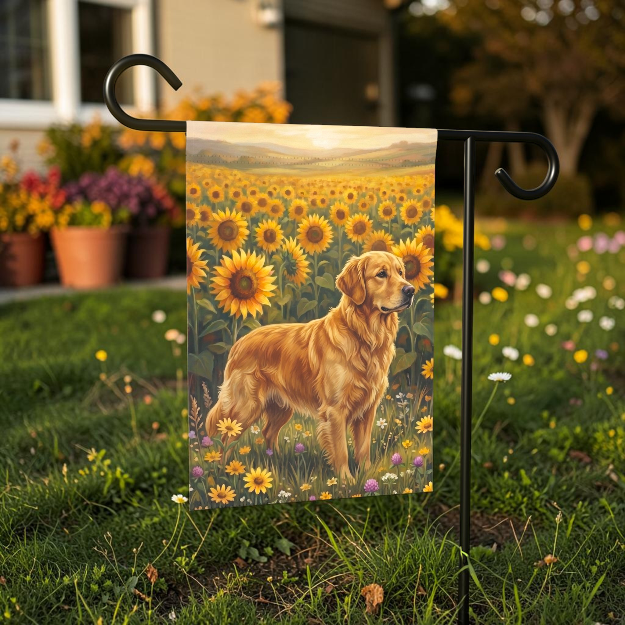 Sunflower Field Golden Retriever Garden Flag - lifestyle display - Dragonfire Gardens