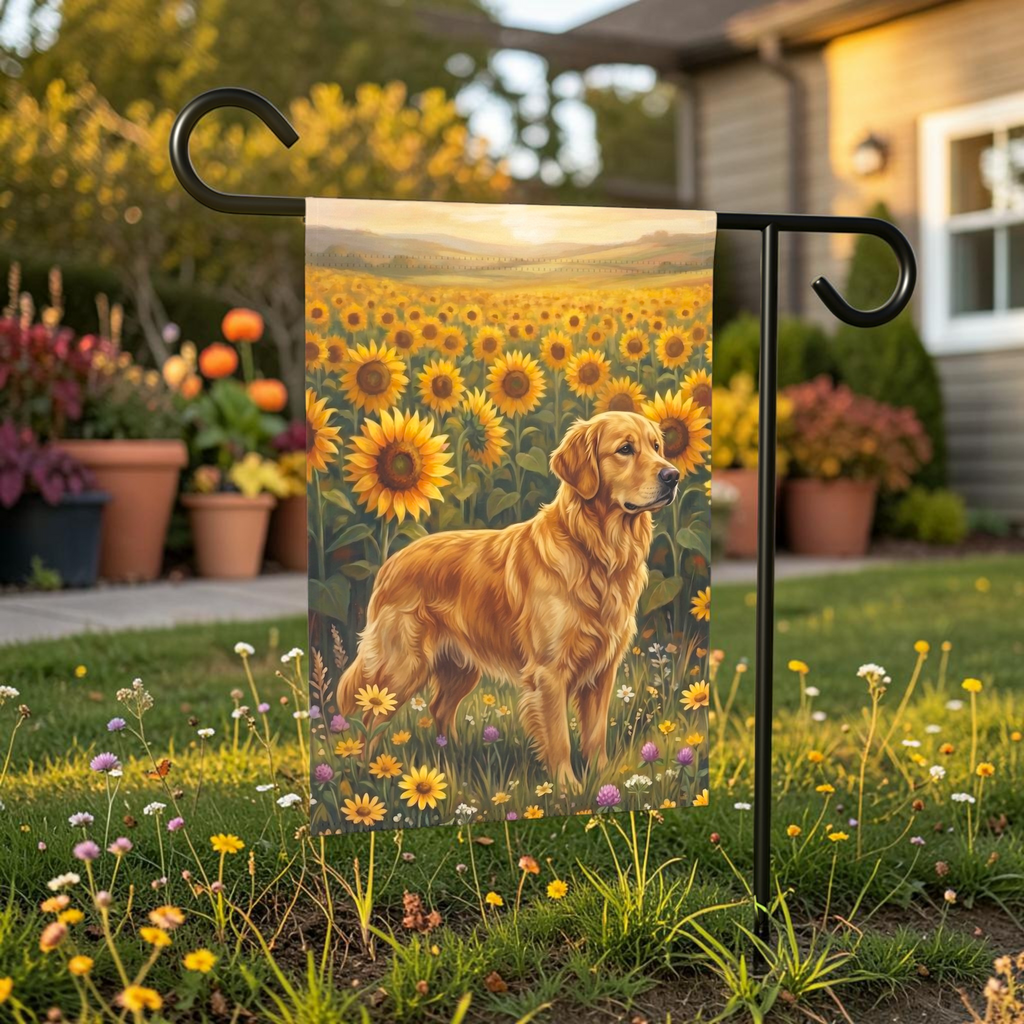 Sunflower Field Golden Retriever Garden Flag - outdoor display - Dragonfire Gardens