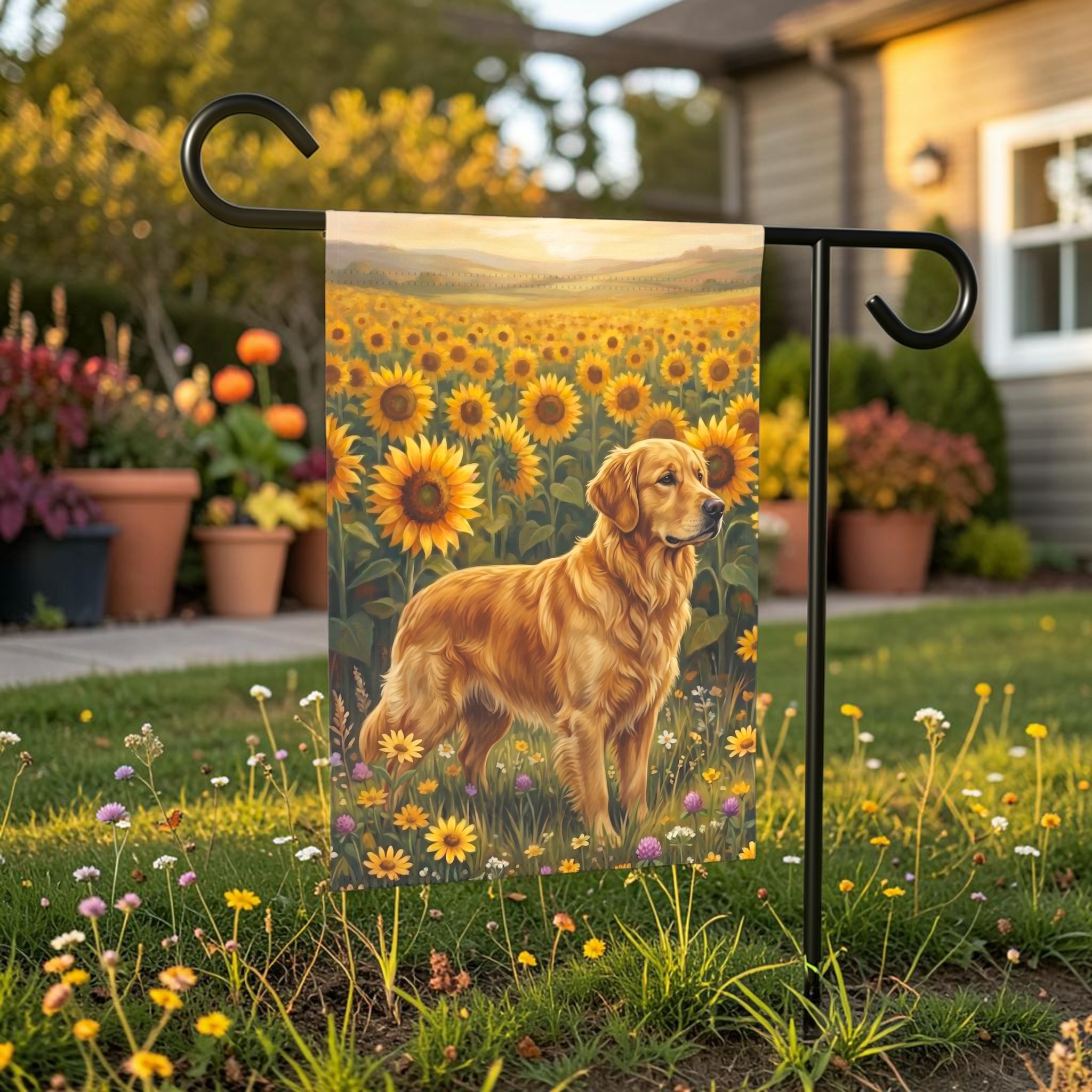 Sunflower Field Golden Retriever Garden Flag