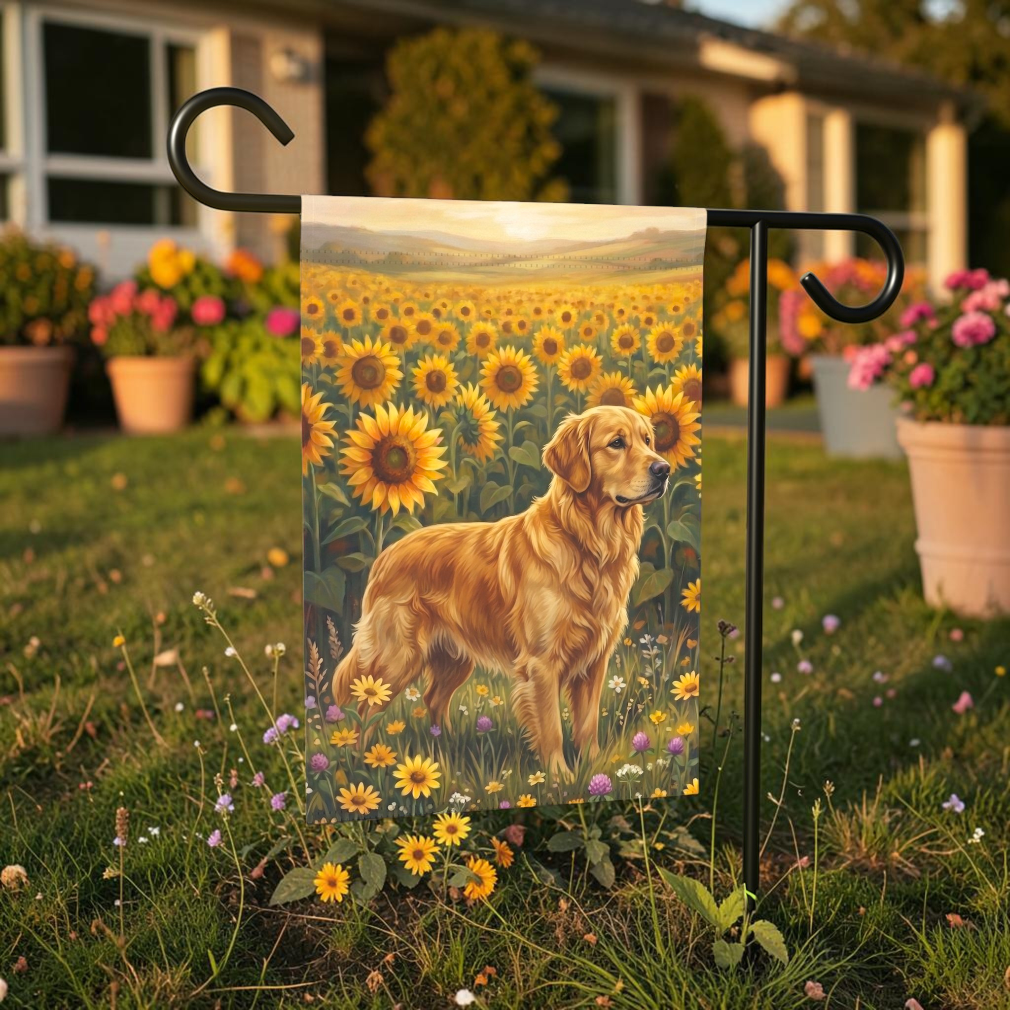 Sunflower Field Golden Retriever Garden Flag