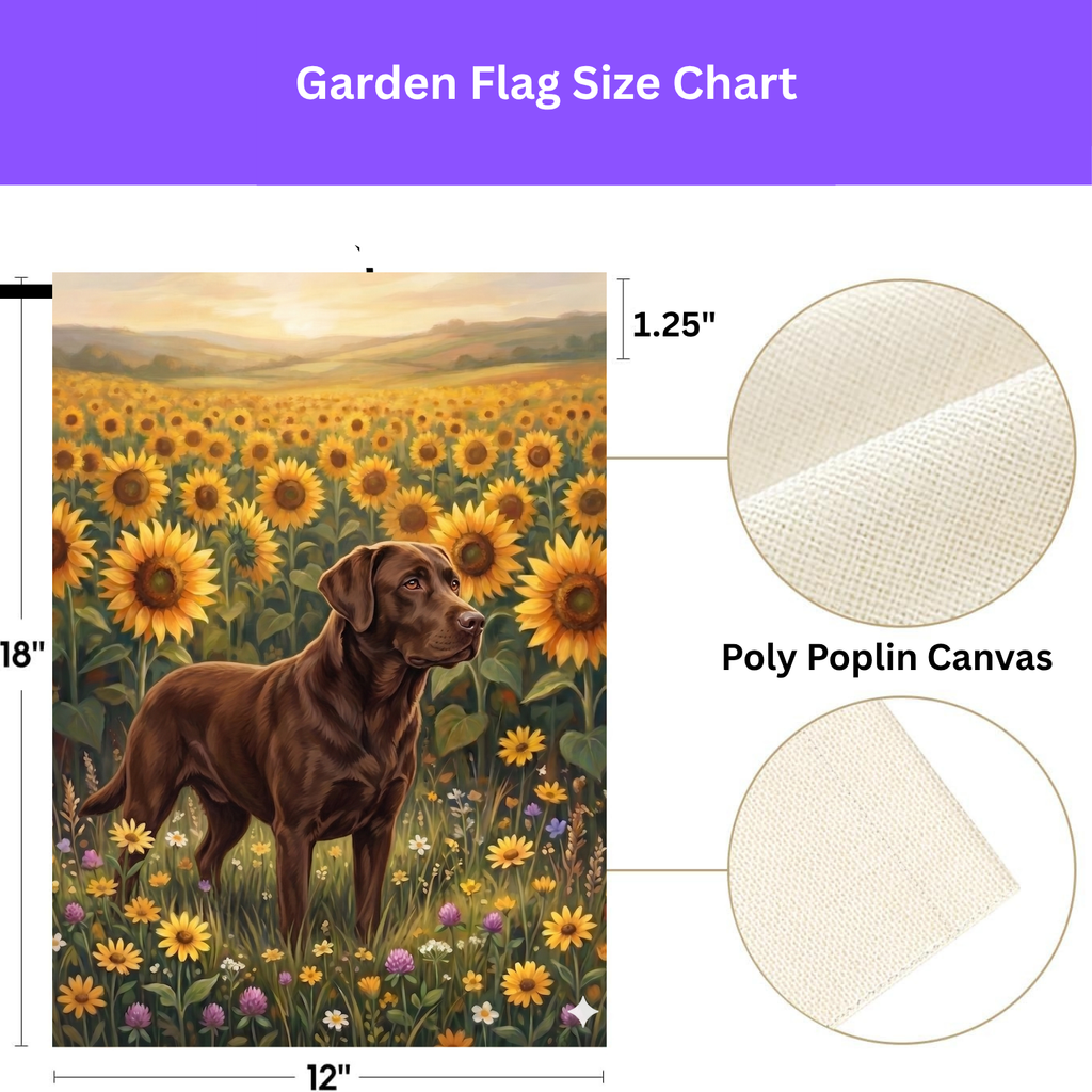 Sunflower Field Chocolate Labrador Garden Flag - size comparison - Dragonfire Gardens