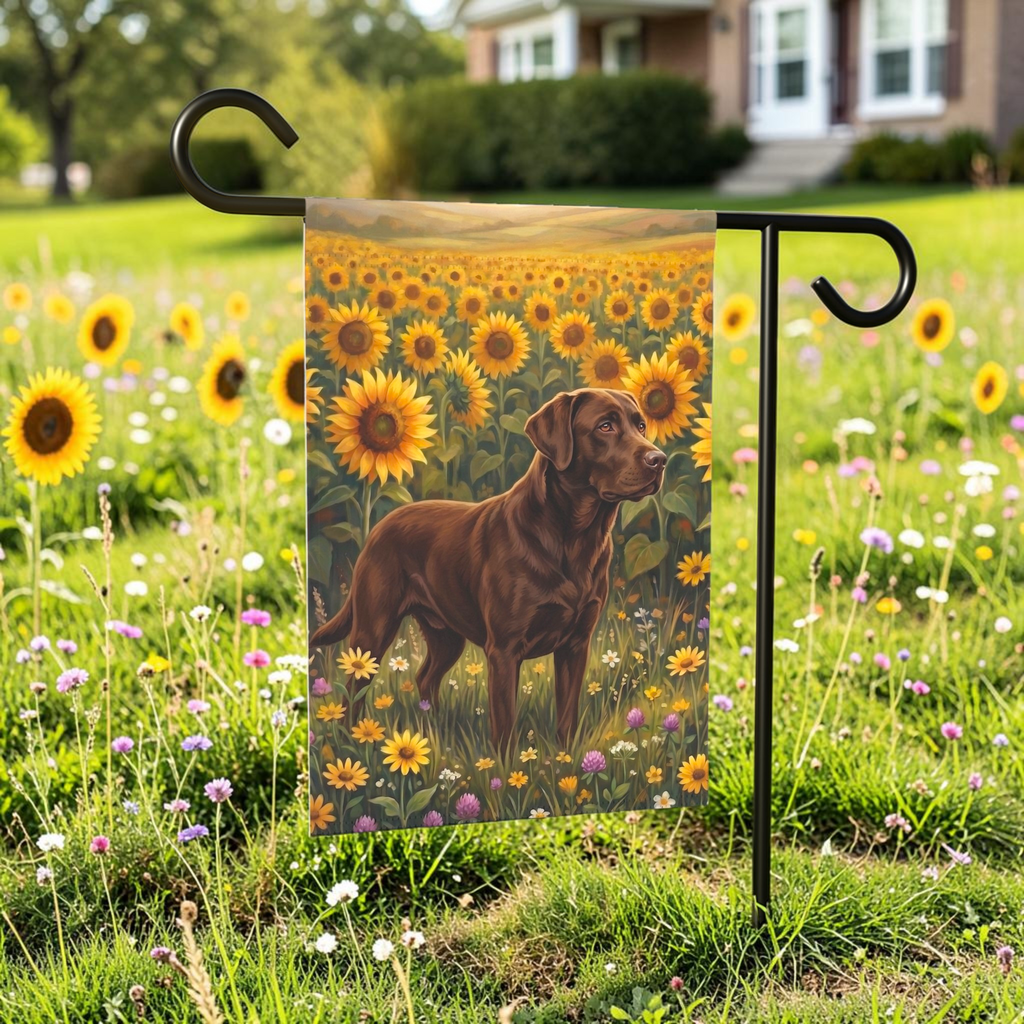 Sunflower Field Chocolate Labrador Garden Flag - lifestyle display - Dragonfire Gardens