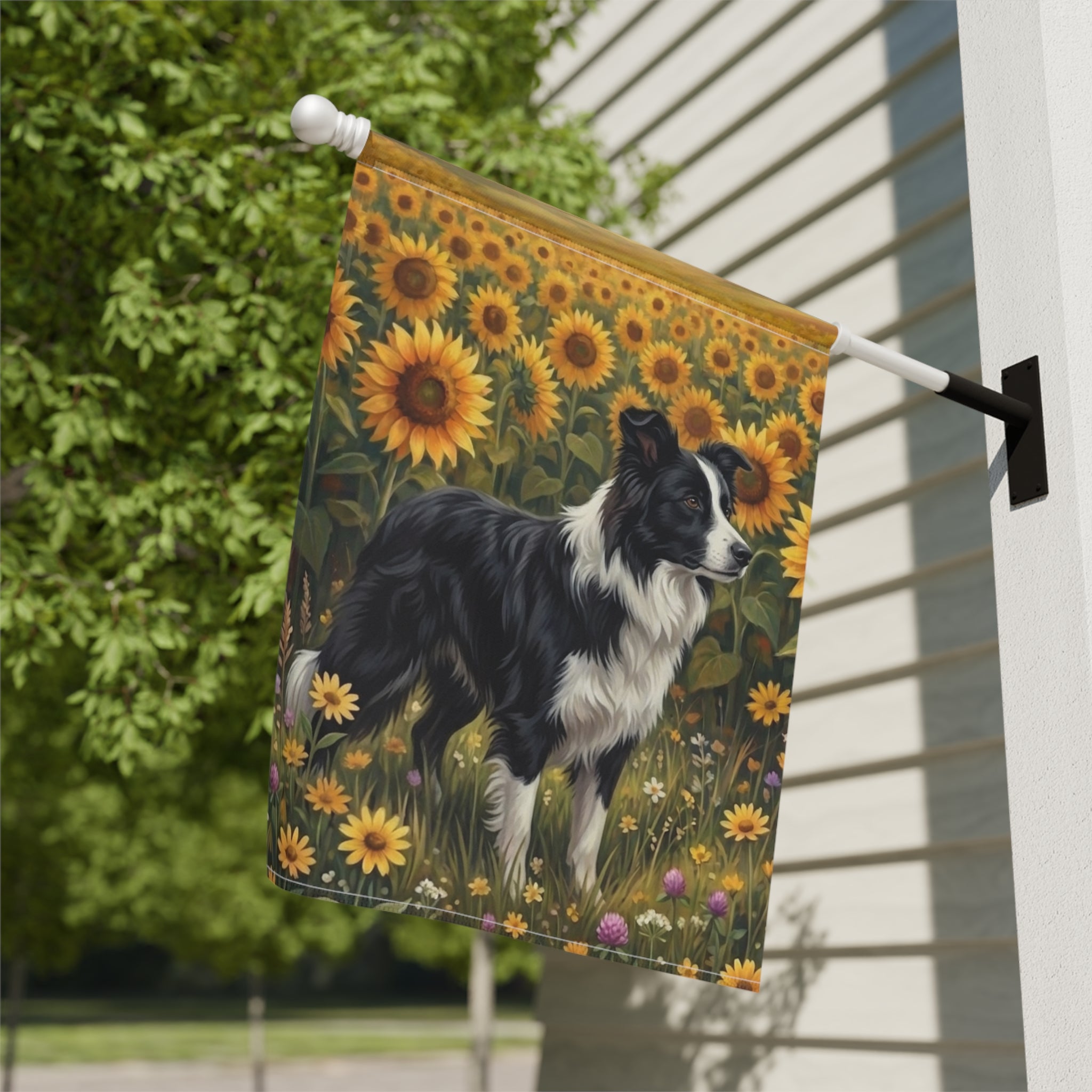 Sunflower Field Black and White Border Collie Garden Flag