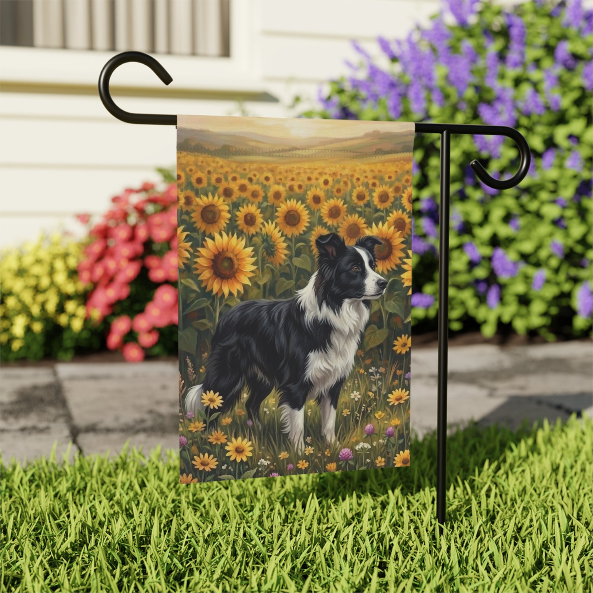 Sunflower Field Black and White Border Collie Garden Flag