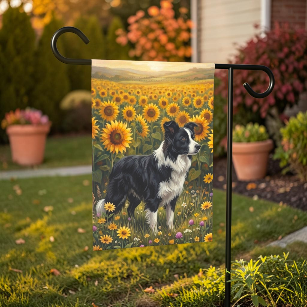 Sunflower Field Black and White Border Collie Garden Flag - outdoor display - Dragonfire Gardens