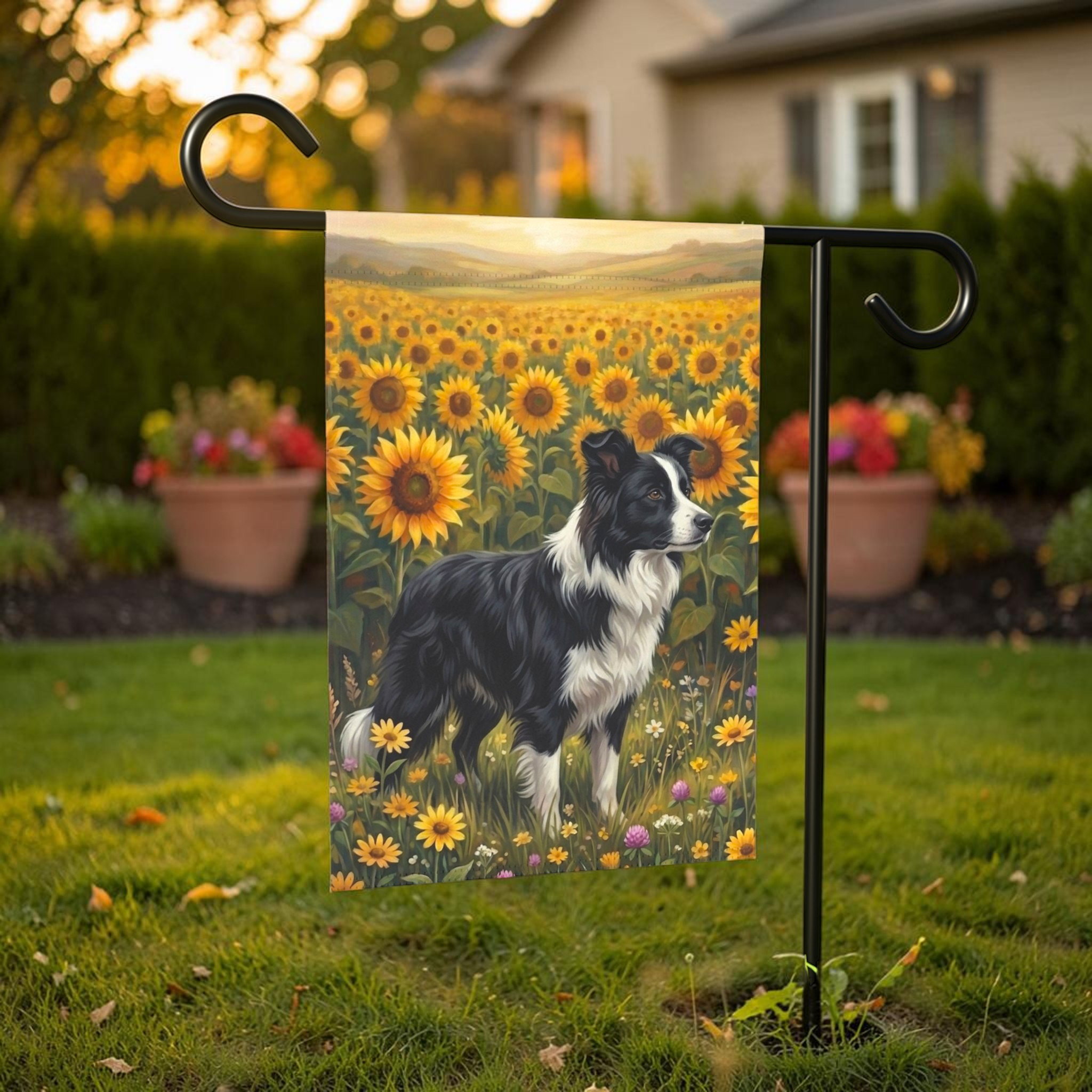 Sunflower Field Black and White Border Collie Garden Flag - lifestyle display - Dragonfire Gardens