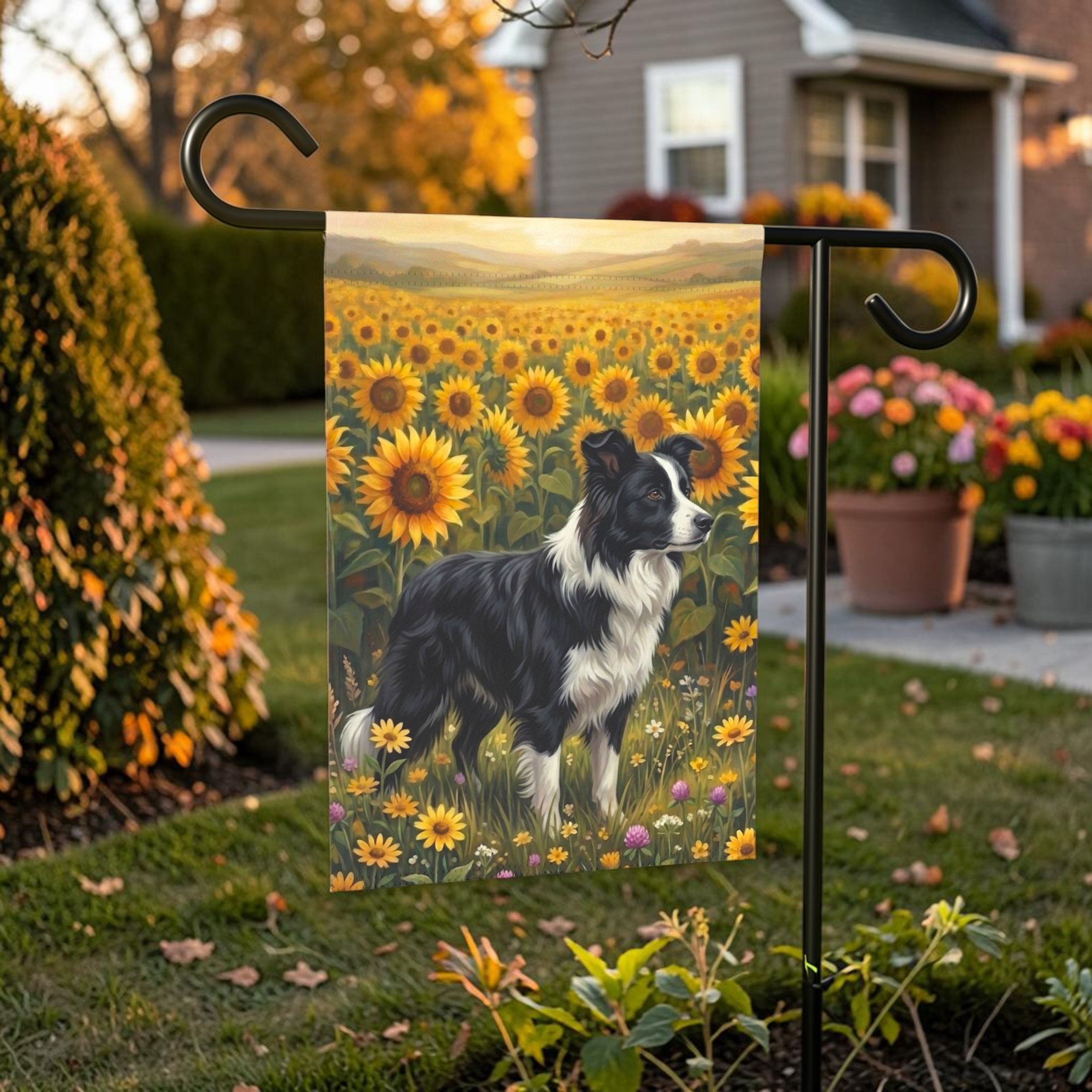 Sunflower Field Black and White Border Collie Garden Flag