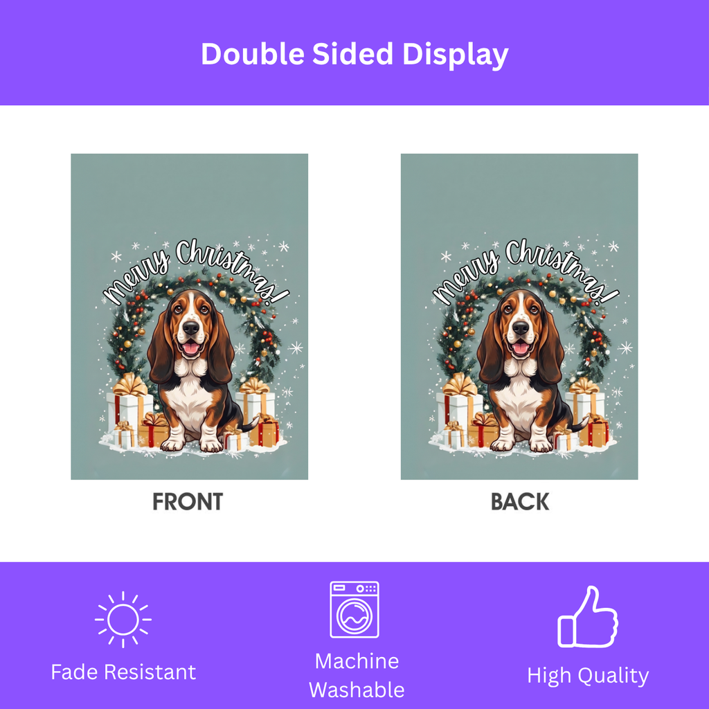 Merry Christmas Basset Hound Garden Flag - yard display - Dragonfire Gardens