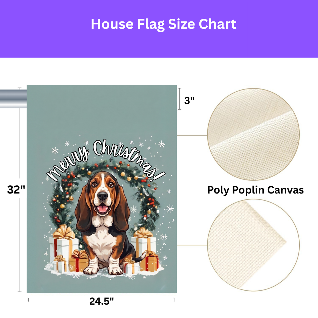 Merry Christmas Basset Hound Garden Flag - size comparison - Dragonfire Gardens