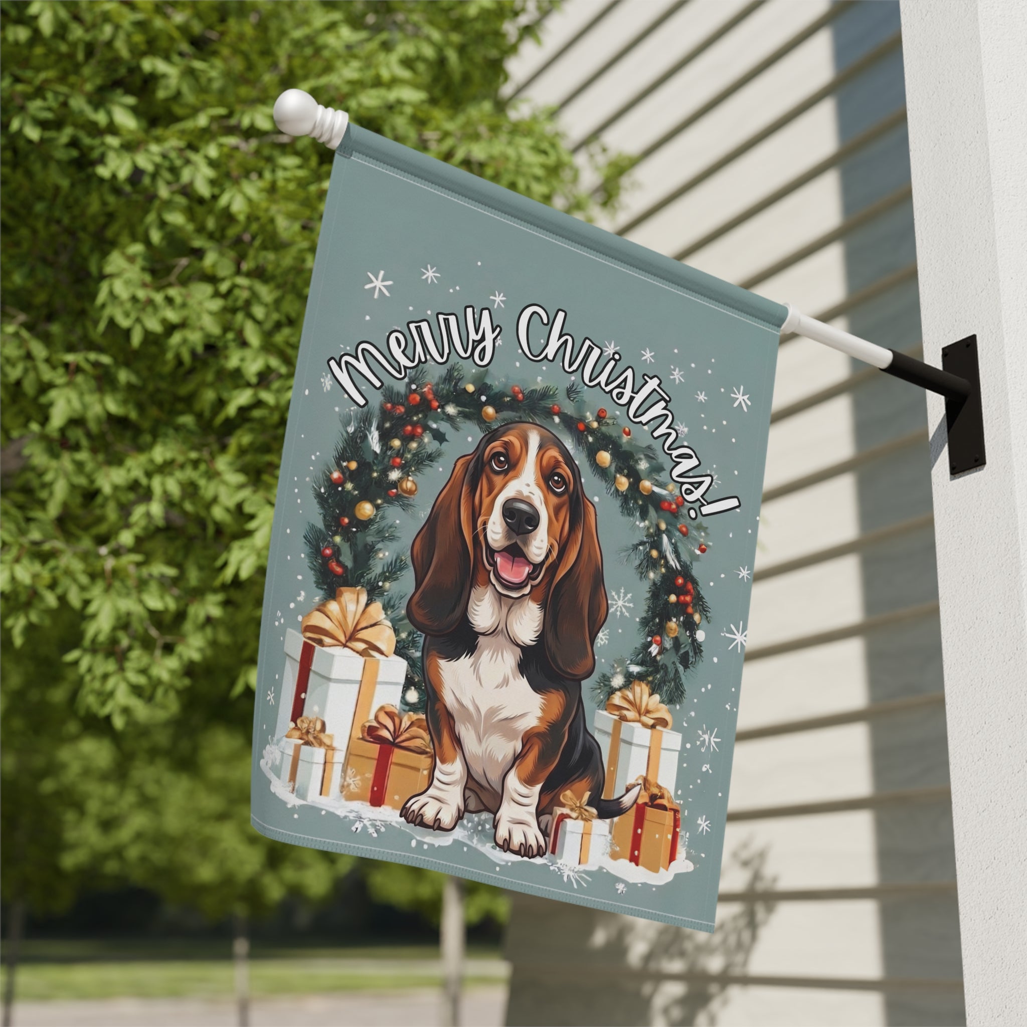 Merry Christmas Basset Hound Garden Flag
