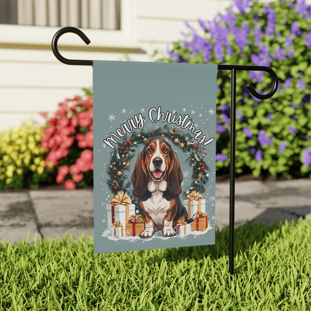 Merry Christmas Basset Hound Garden Flag - close-up detail - Dragonfire Gardens