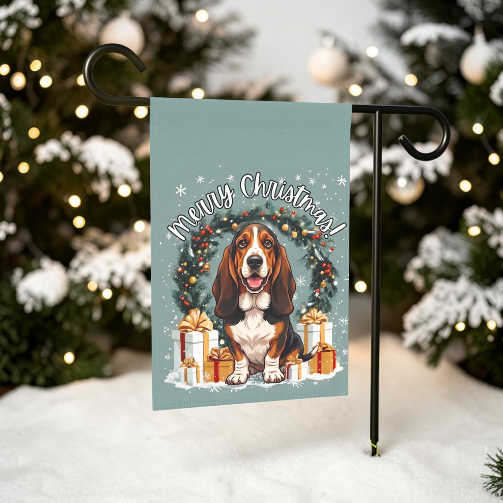 Merry Christmas Basset Hound Garden Flag - outdoor display - Dragonfire Gardens