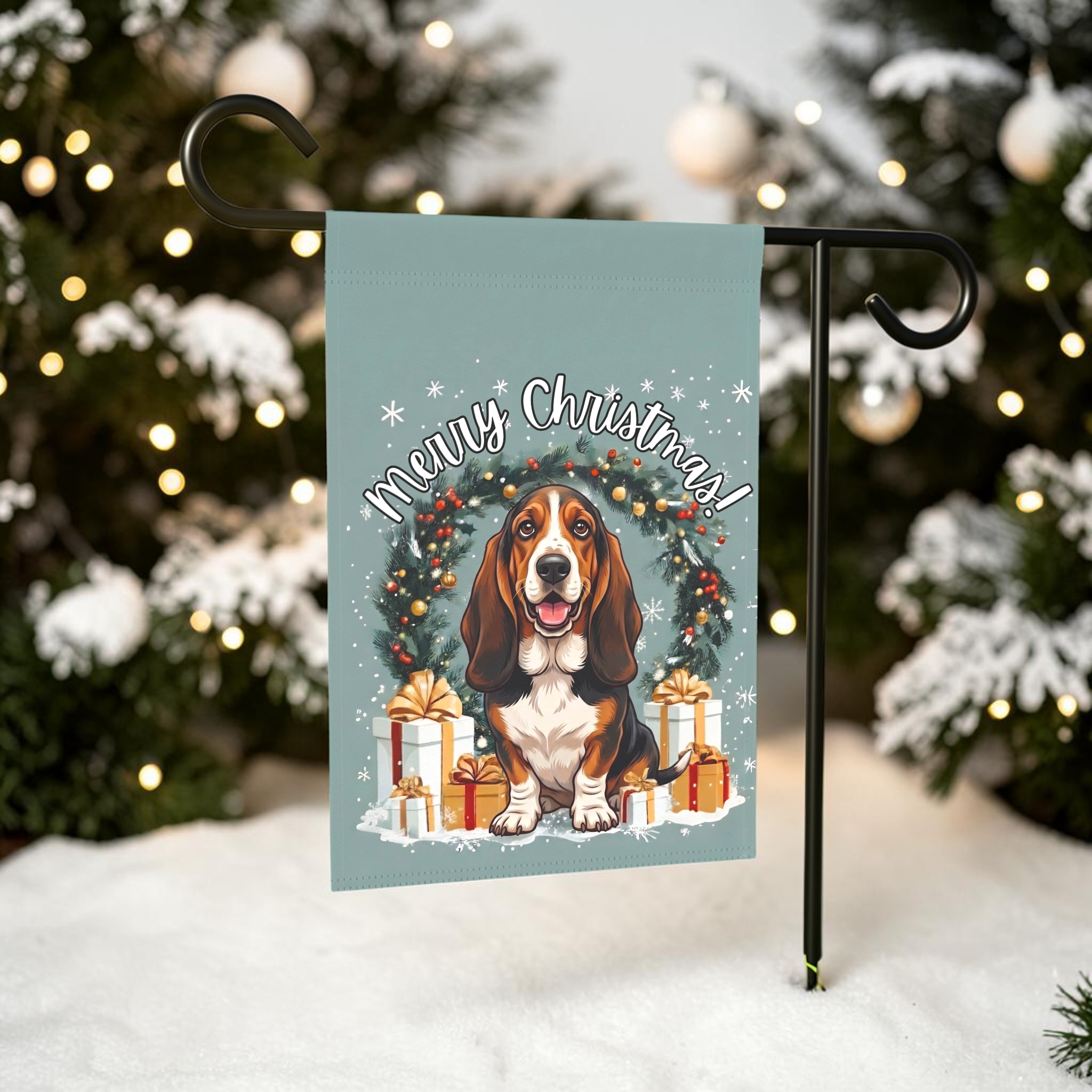 Merry Christmas Basset Hound Garden Flag