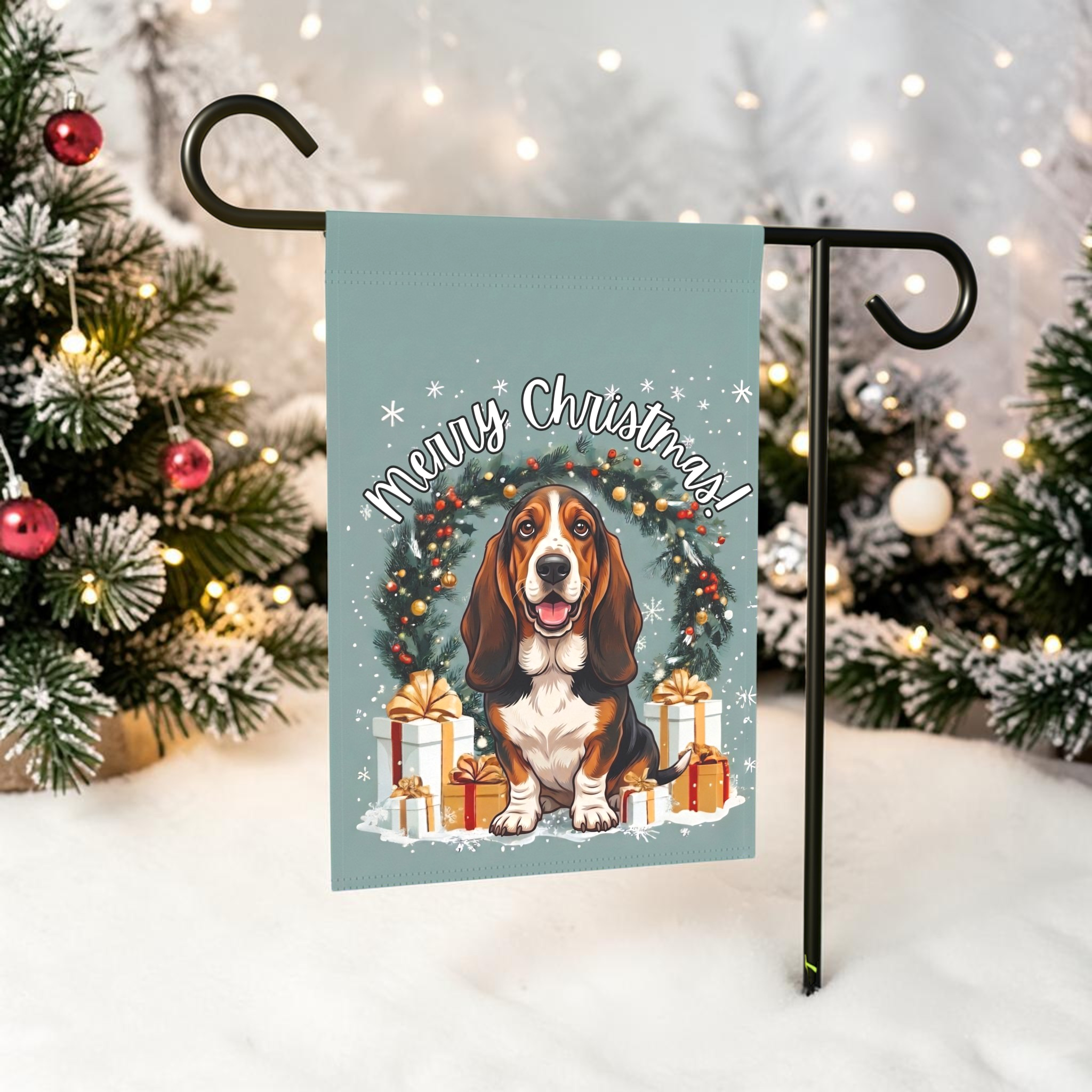 Merry Christmas Basset Hound Garden Flag - lifestyle display - Dragonfire Gardens
