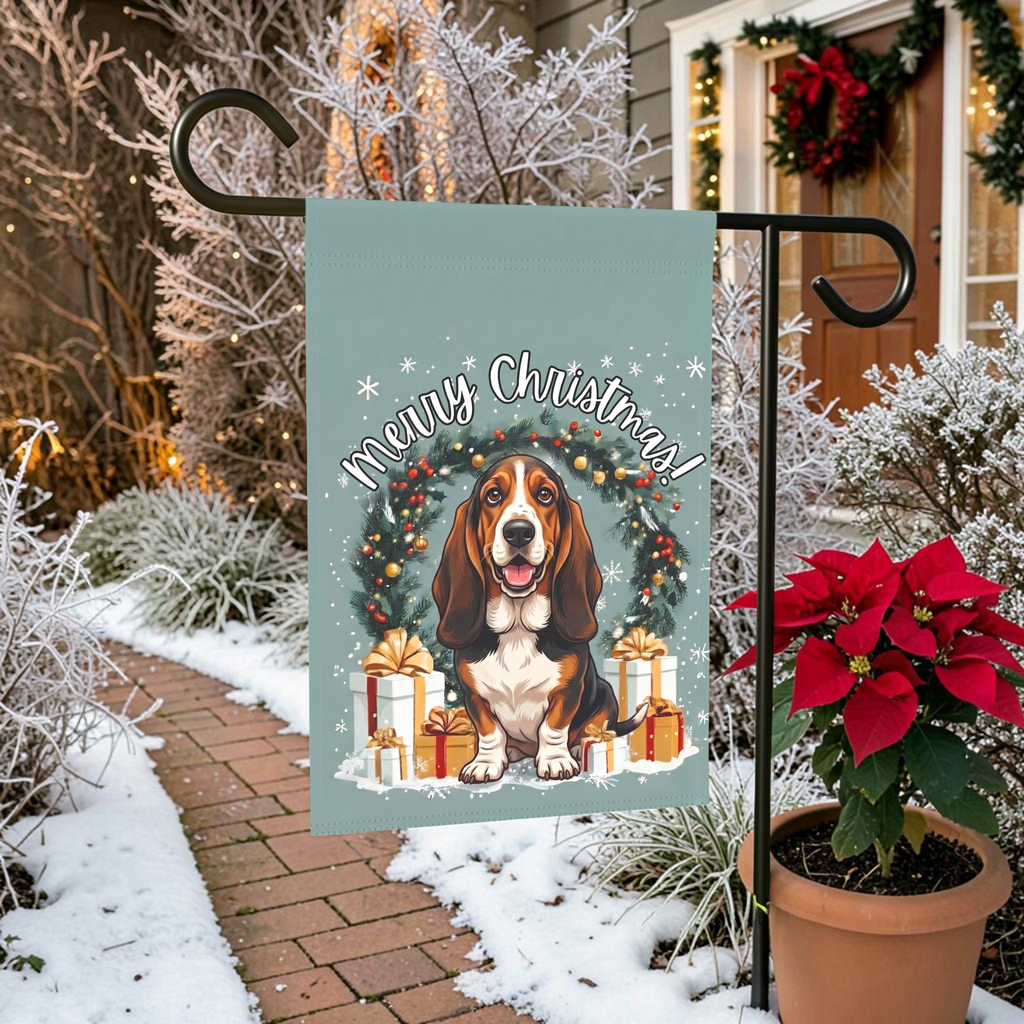 Merry Christmas Basset Hound Garden Flag - front view - Dragonfire Gardens