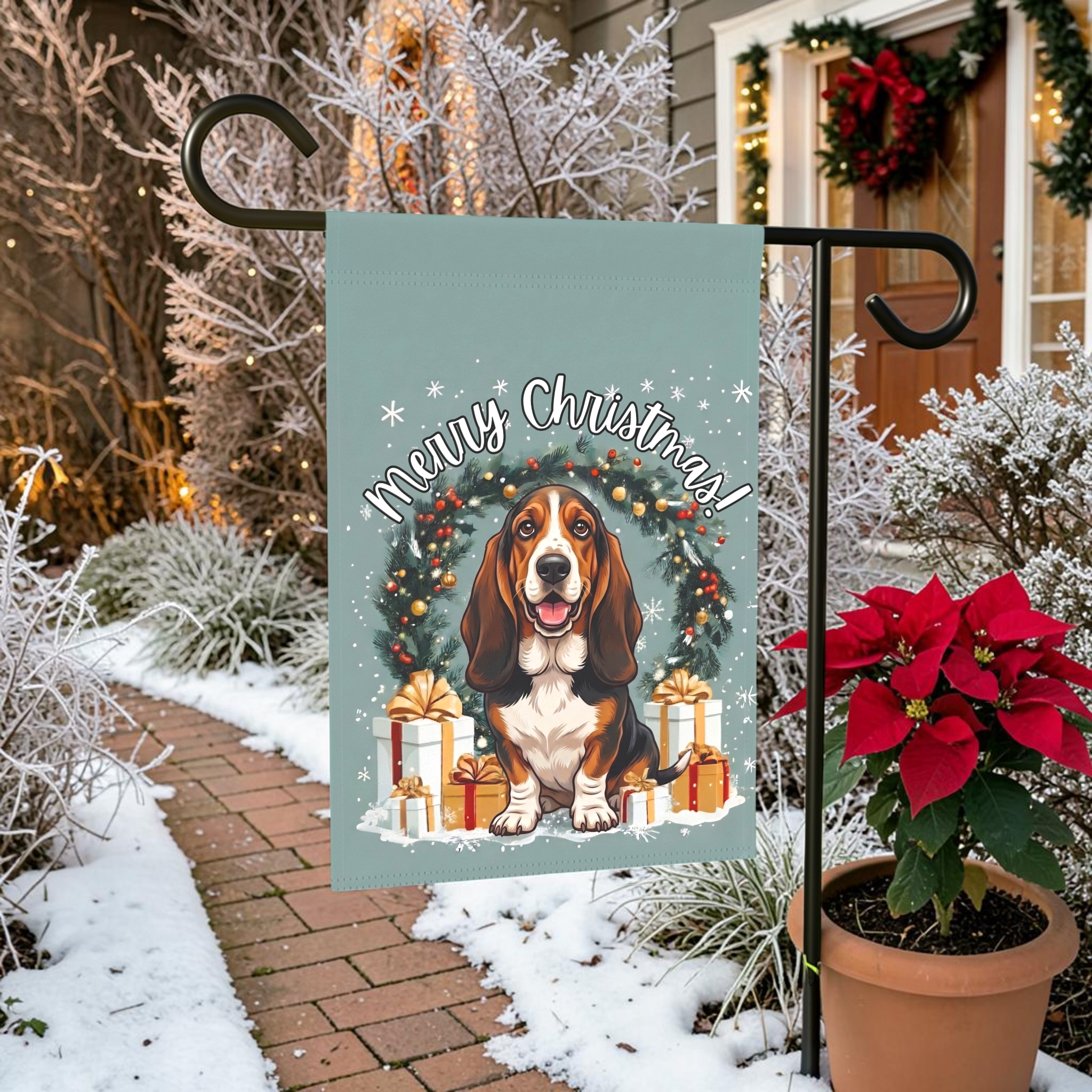 Merry Christmas Basset Hound Garden Flag