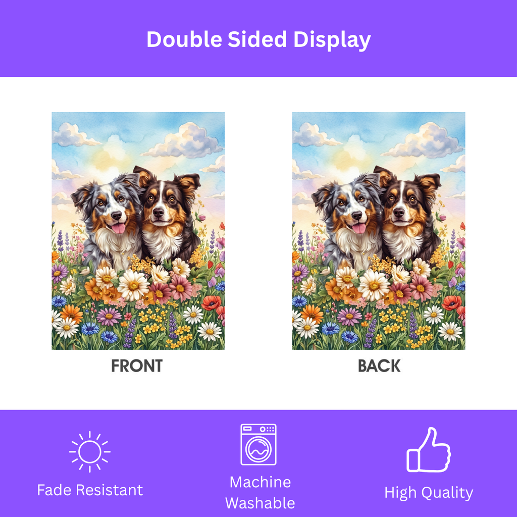 Australian Shepherds in Flowers Garden Flag - yard display - Dragonfire Gardens