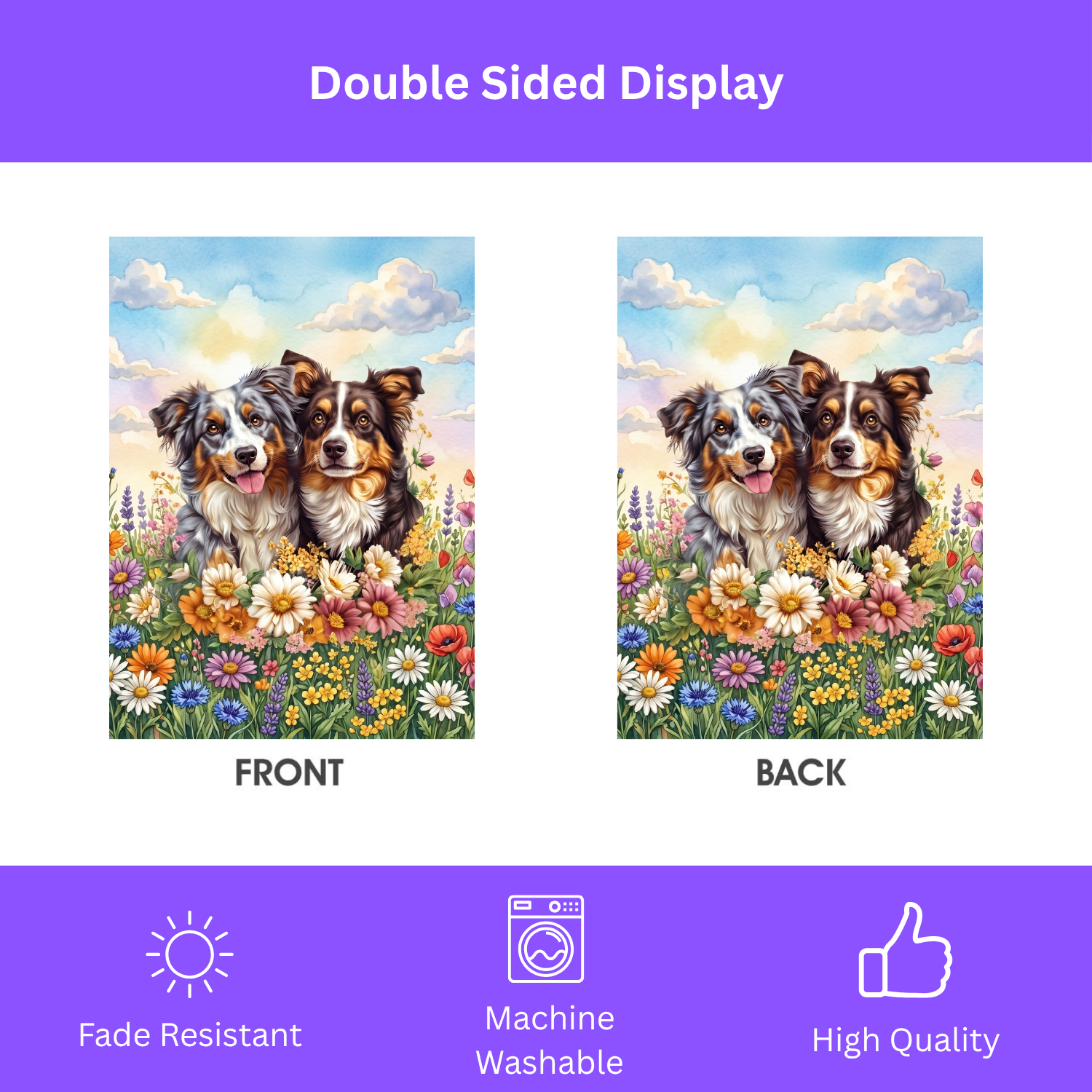 Australian Shepherds in Flowers Garden Flag