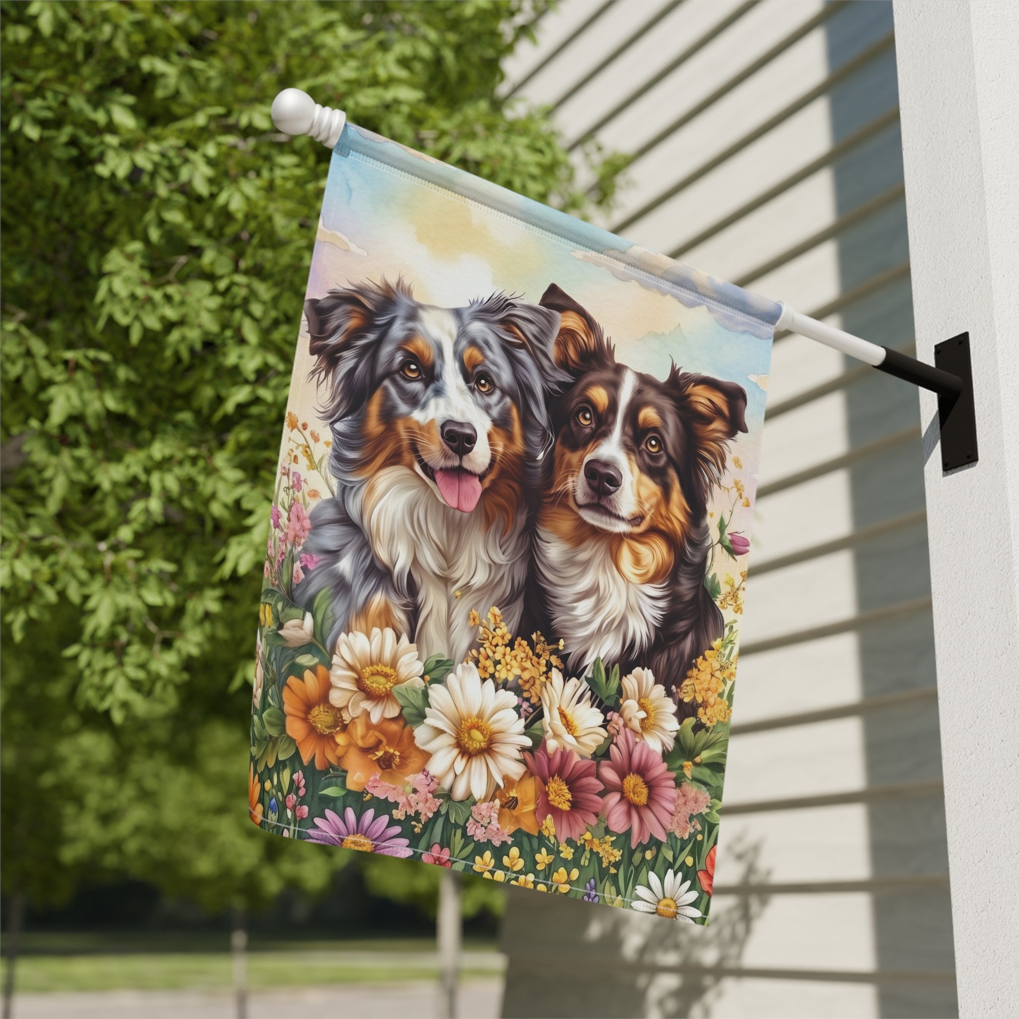 Australian Shepherds in Flowers Garden Flag