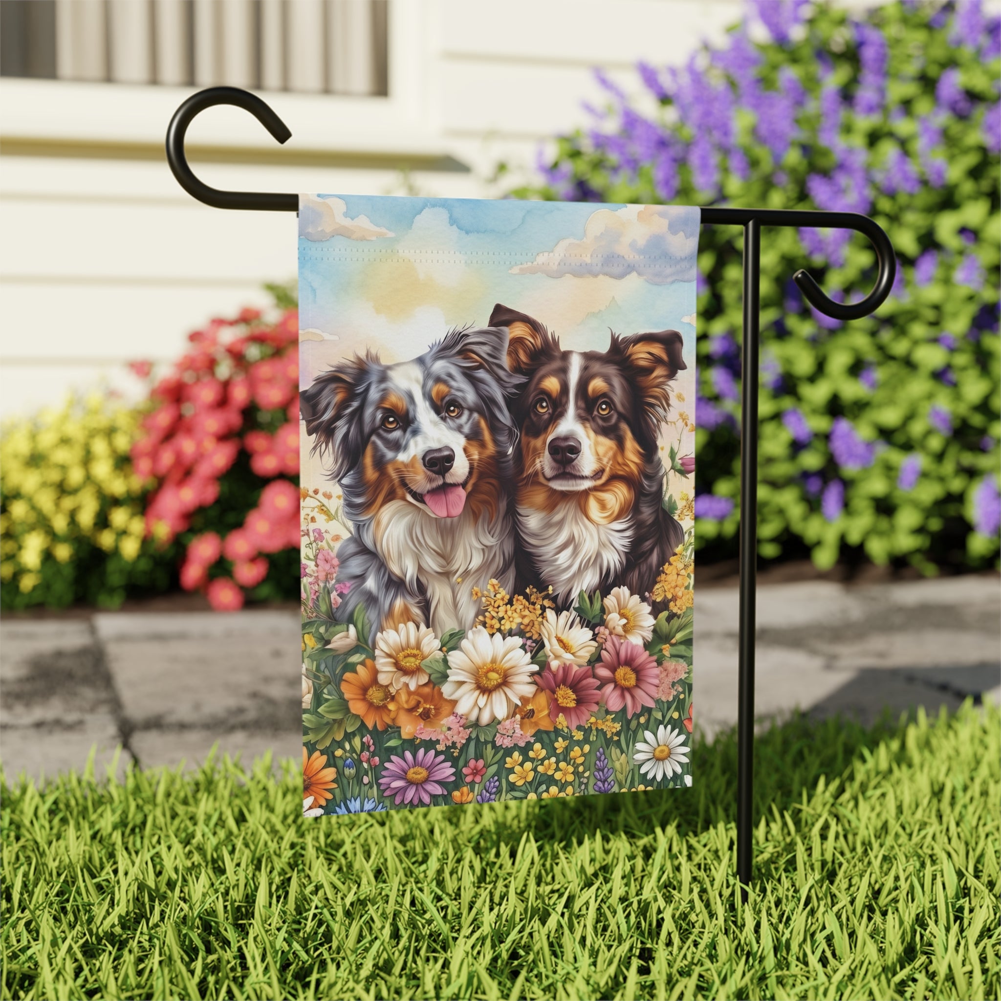 Australian Shepherds in Flowers Garden Flag