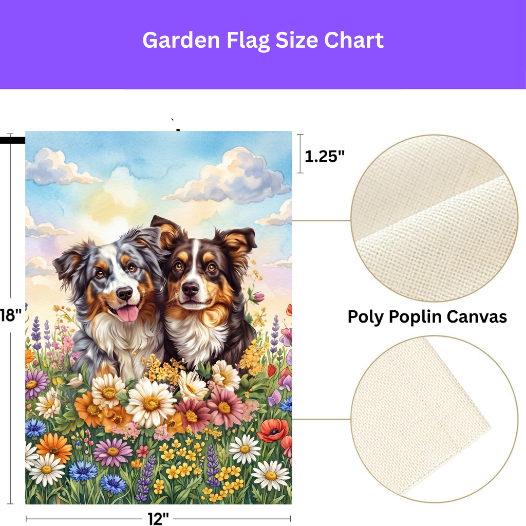 Australian Shepherds in Flowers Garden Flag - size comparison - Dragonfire Gardens