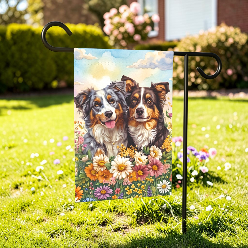Australian Shepherds in Flowers Garden Flag - lifestyle display - Dragonfire Gardens