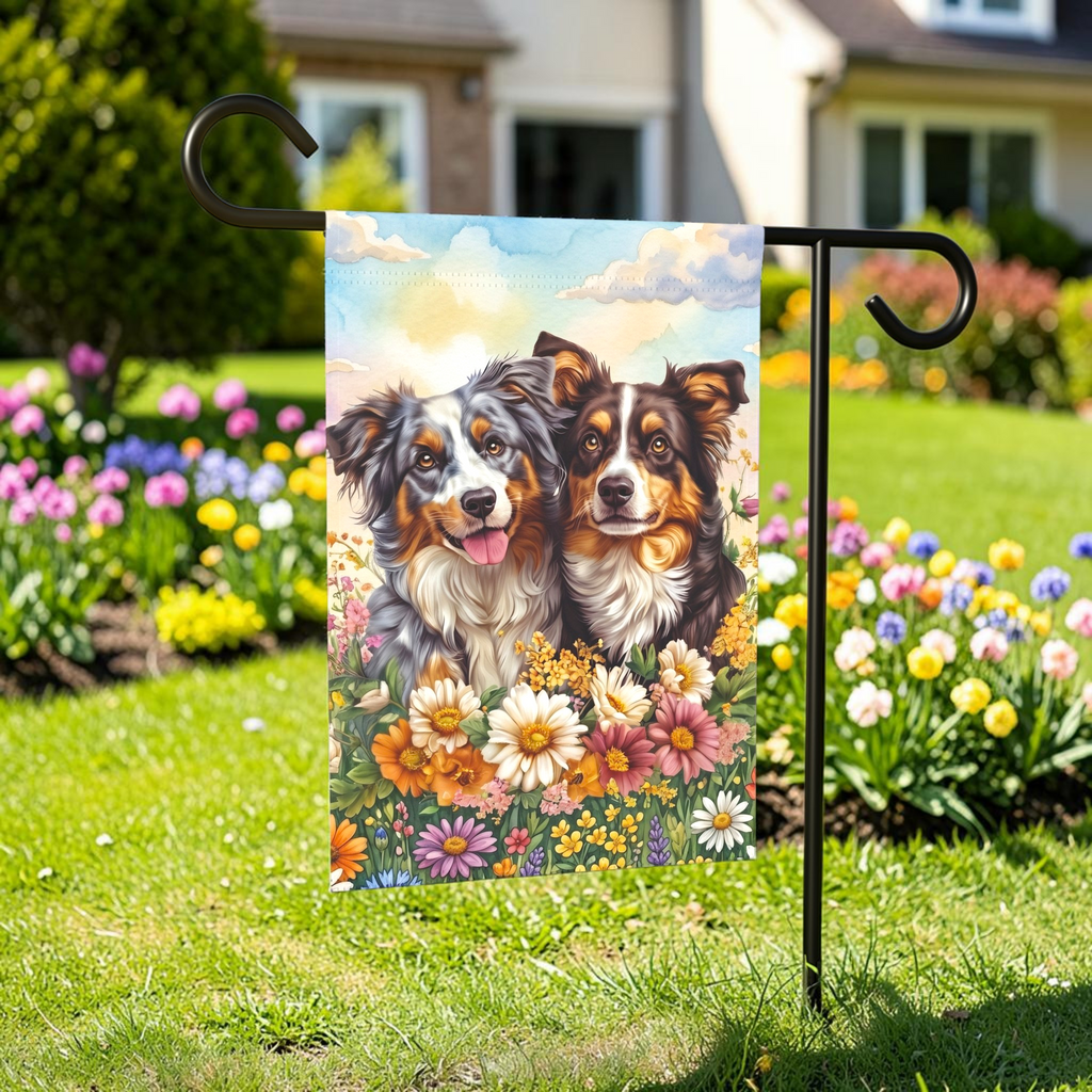 Australian Shepherds in Flowers Garden Flag - outdoor display - Dragonfire Gardens