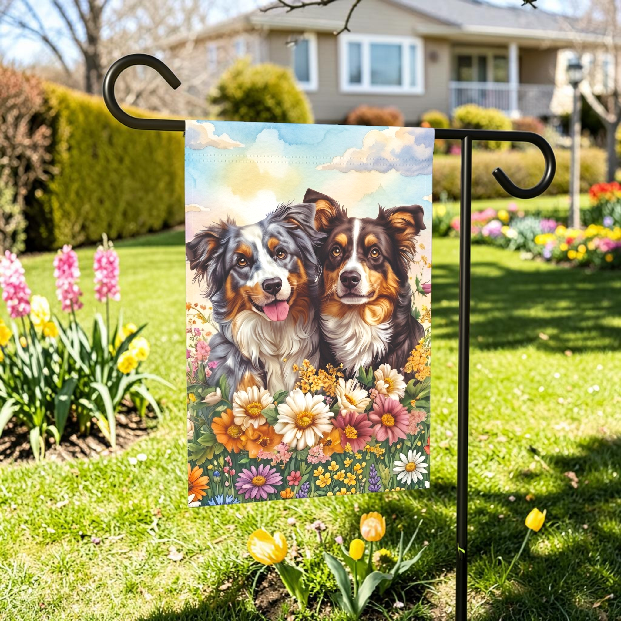 Australian Shepherds in Flowers Garden Flag
