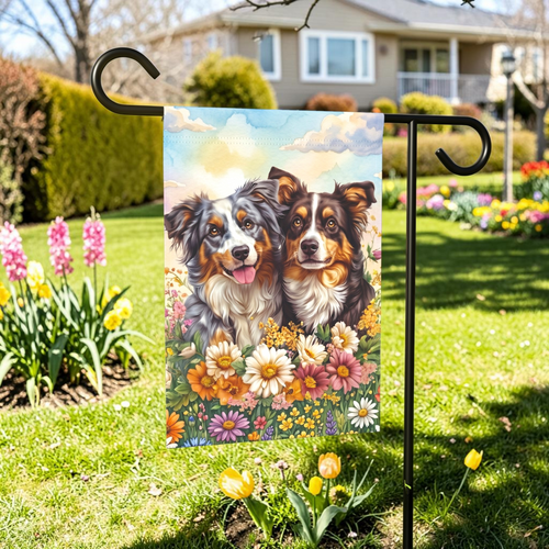 Australian Shepherds in Flowers Garden Flag - front view - Dragonfire Gardens