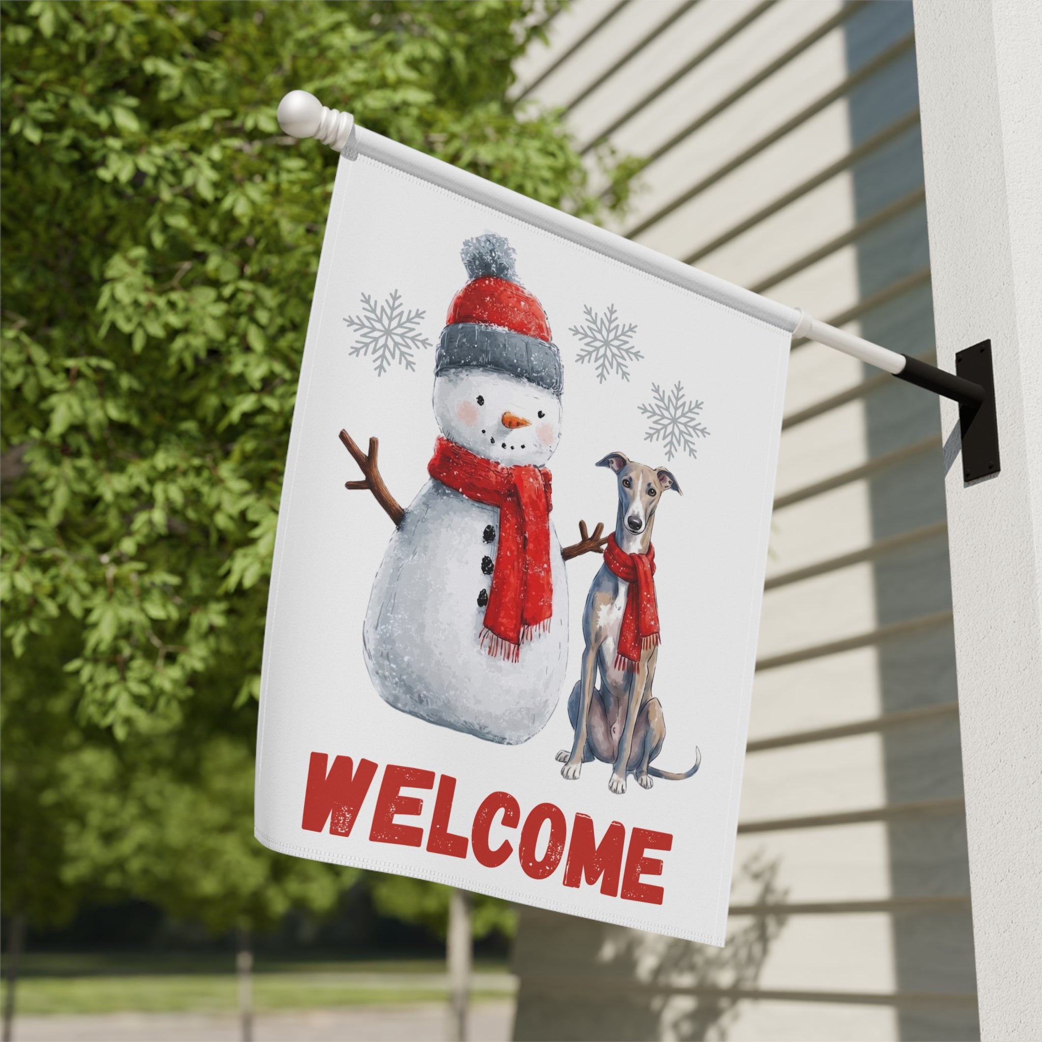 Greyhound and Snowman Welcome Garden Flag