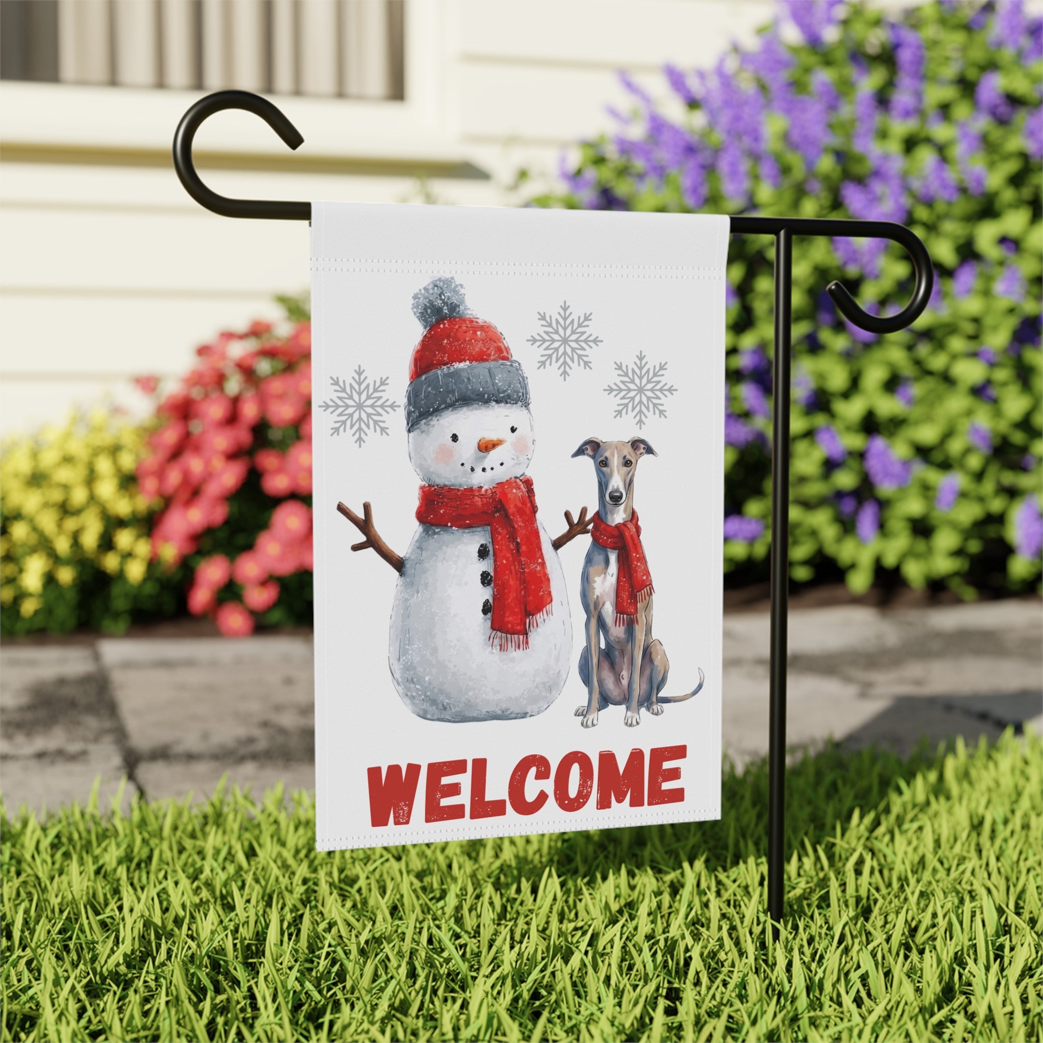 Greyhound and Snowman Welcome Garden Flag